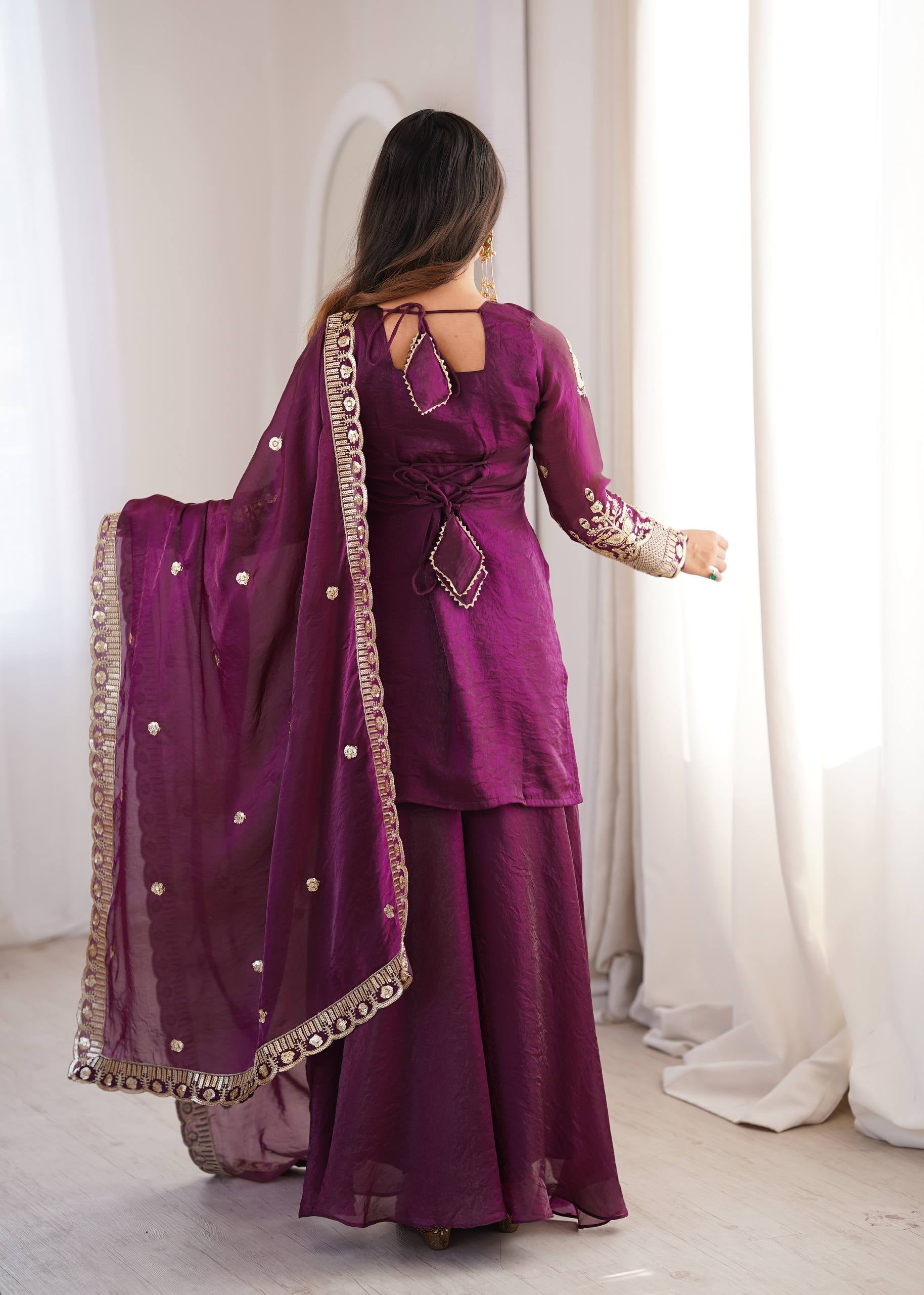 Womenline Royal Plum Heritage Sharara Suit Set with Zari Embroidery