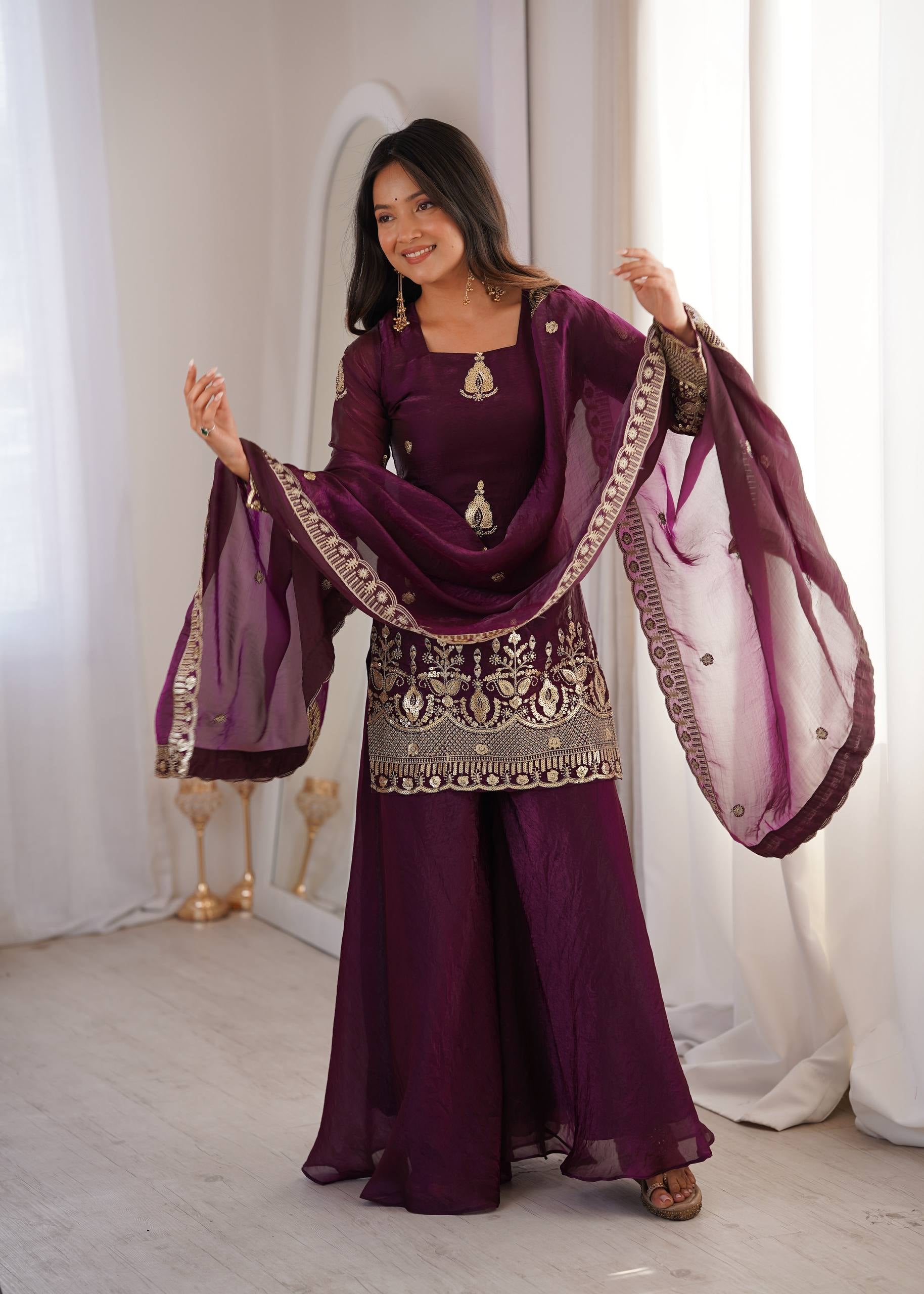 Womenline Royal Plum Heritage Sharara Suit Set with Zari Embroidery
