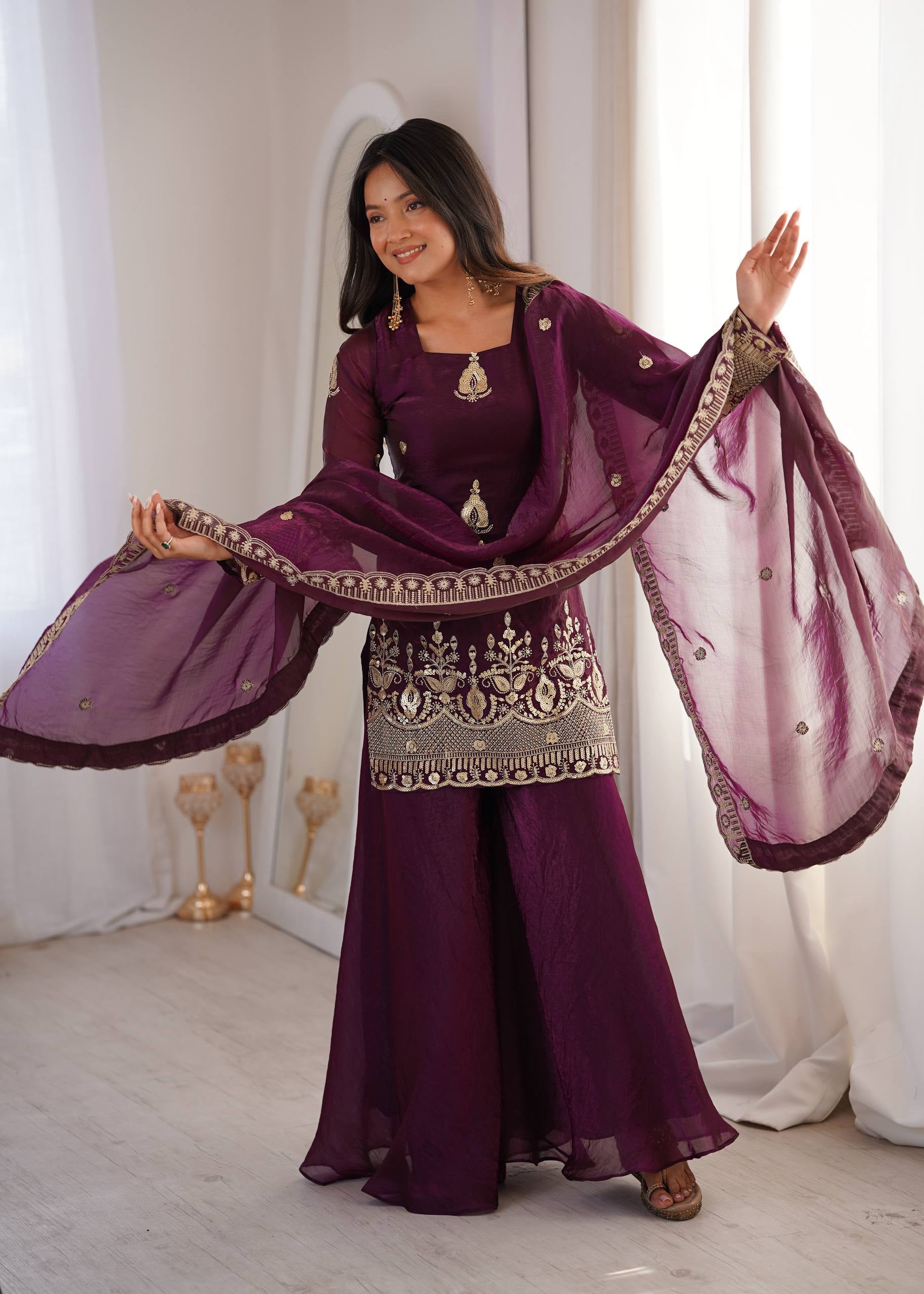 Womenline Royal Plum Heritage Sharara Suit Set with Zari Embroidery