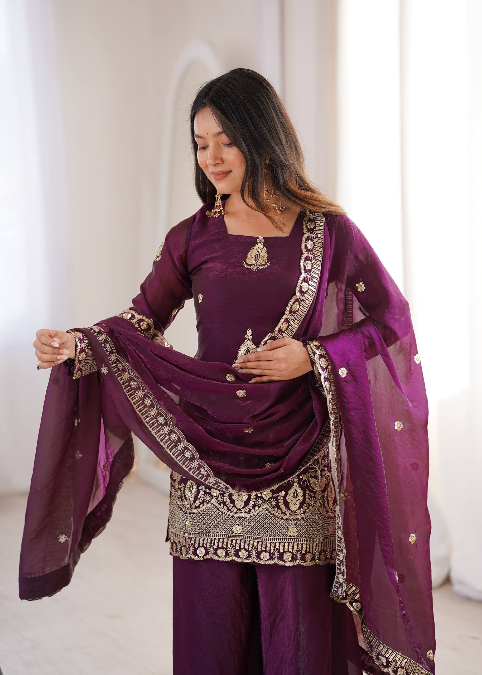 Womenline Royal Plum Heritage Sharara Suit Set with Zari Embroidery