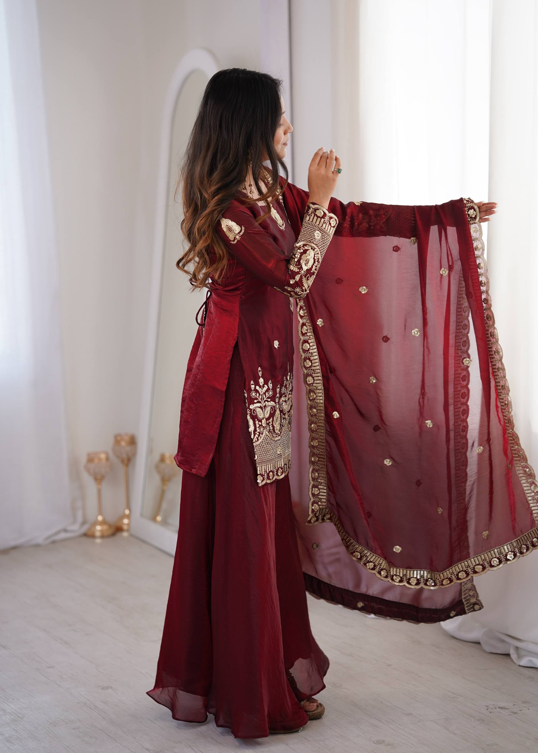 Womenline Ruby Royale Embroidered Sharara Suit Set with Organza Dupatta