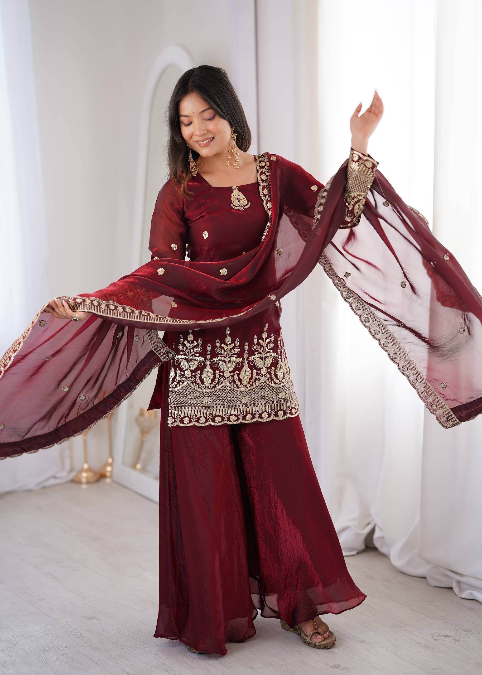 Womenline Ruby Royale Embroidered Sharara Suit Set with Organza Dupatta