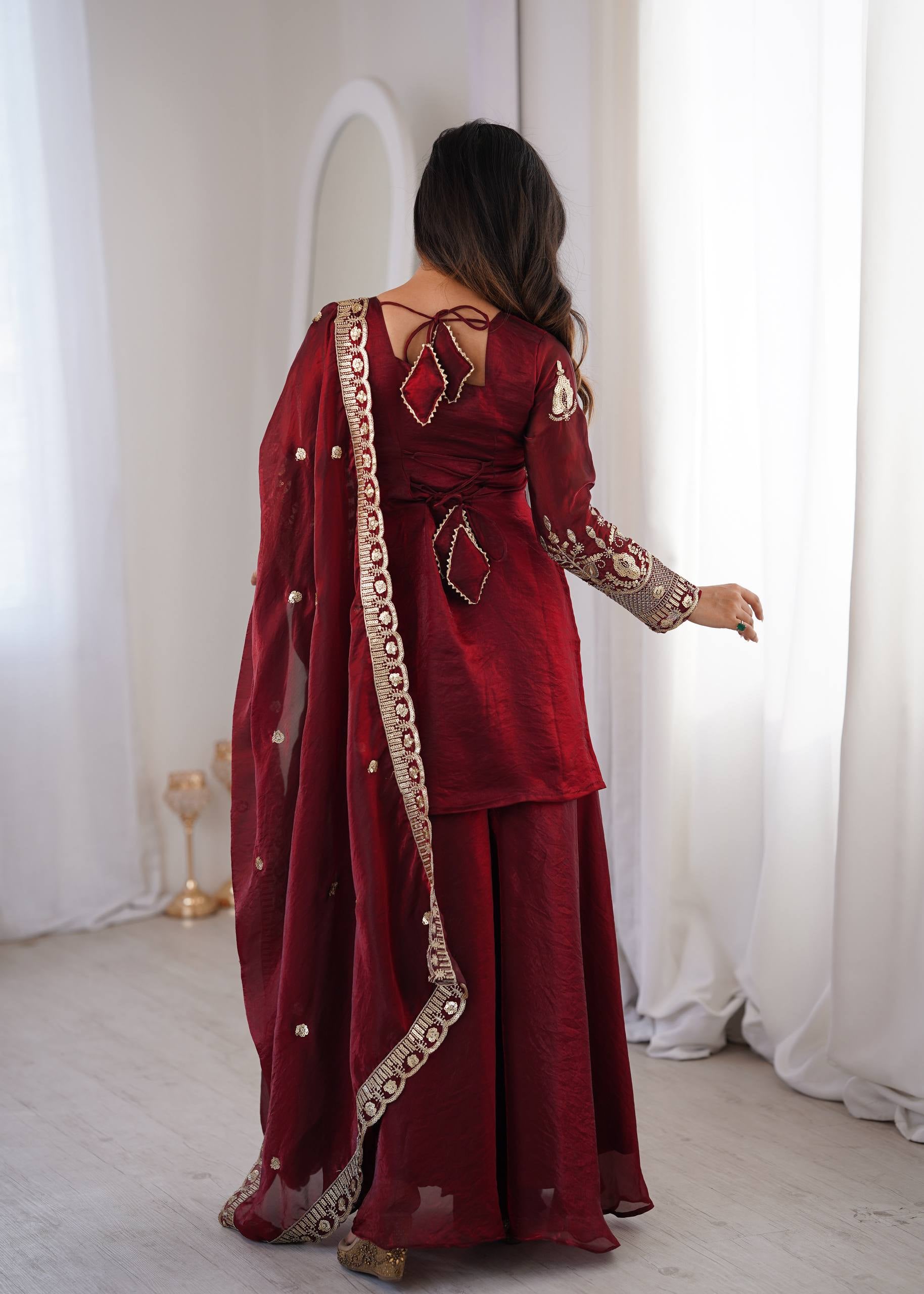 Womenline Ruby Royale Embroidered Sharara Suit Set with Organza Dupatta