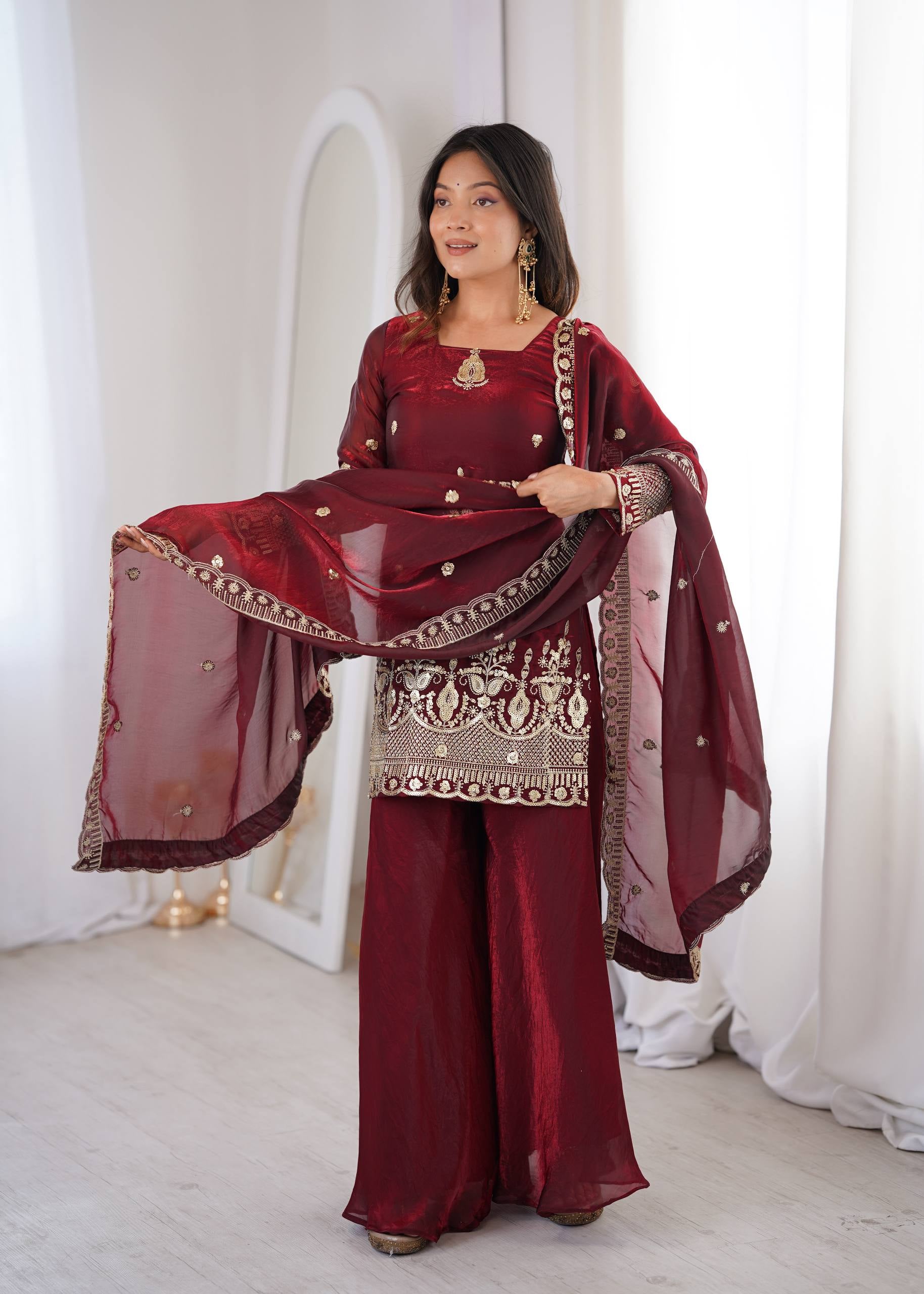 Womenline Ruby Royale Embroidered Sharara Suit Set with Organza Dupatta