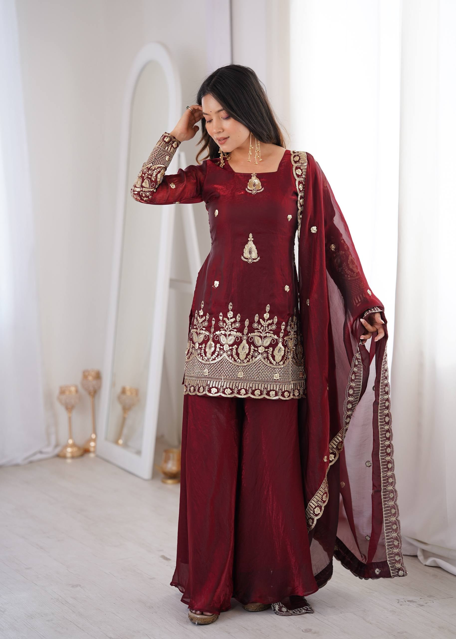Womenline Ruby Royale Embroidered Sharara Suit Set with Organza Dupatta