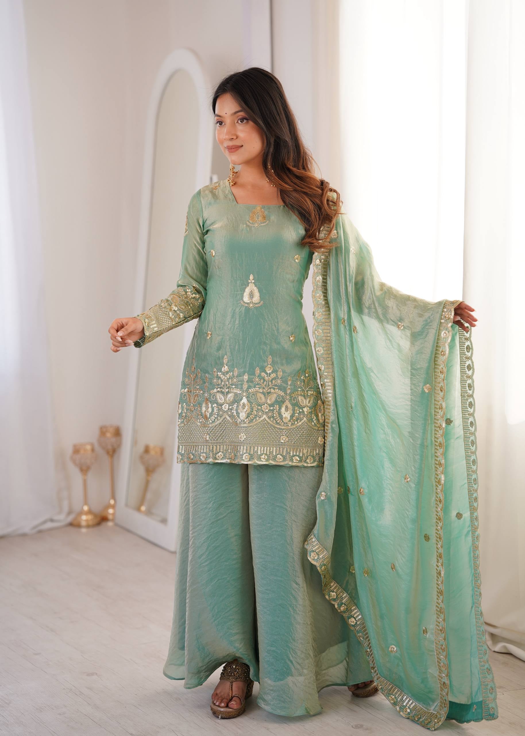 Womenline Mint Royale Embroidered Sharara Suit Set with Elegant Dupatta