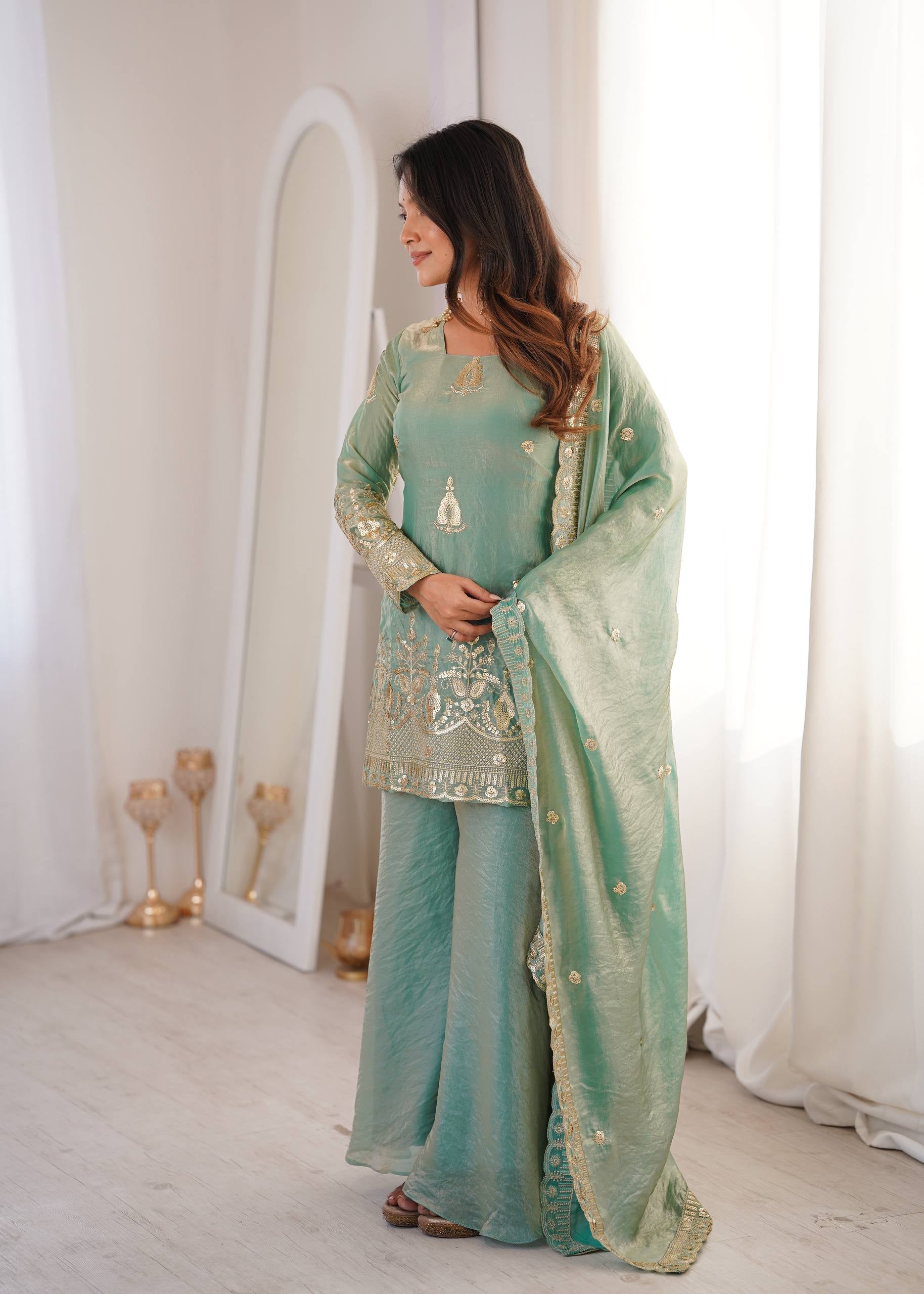 Womenline Mint Royale Embroidered Sharara Suit Set with Elegant Dupatta