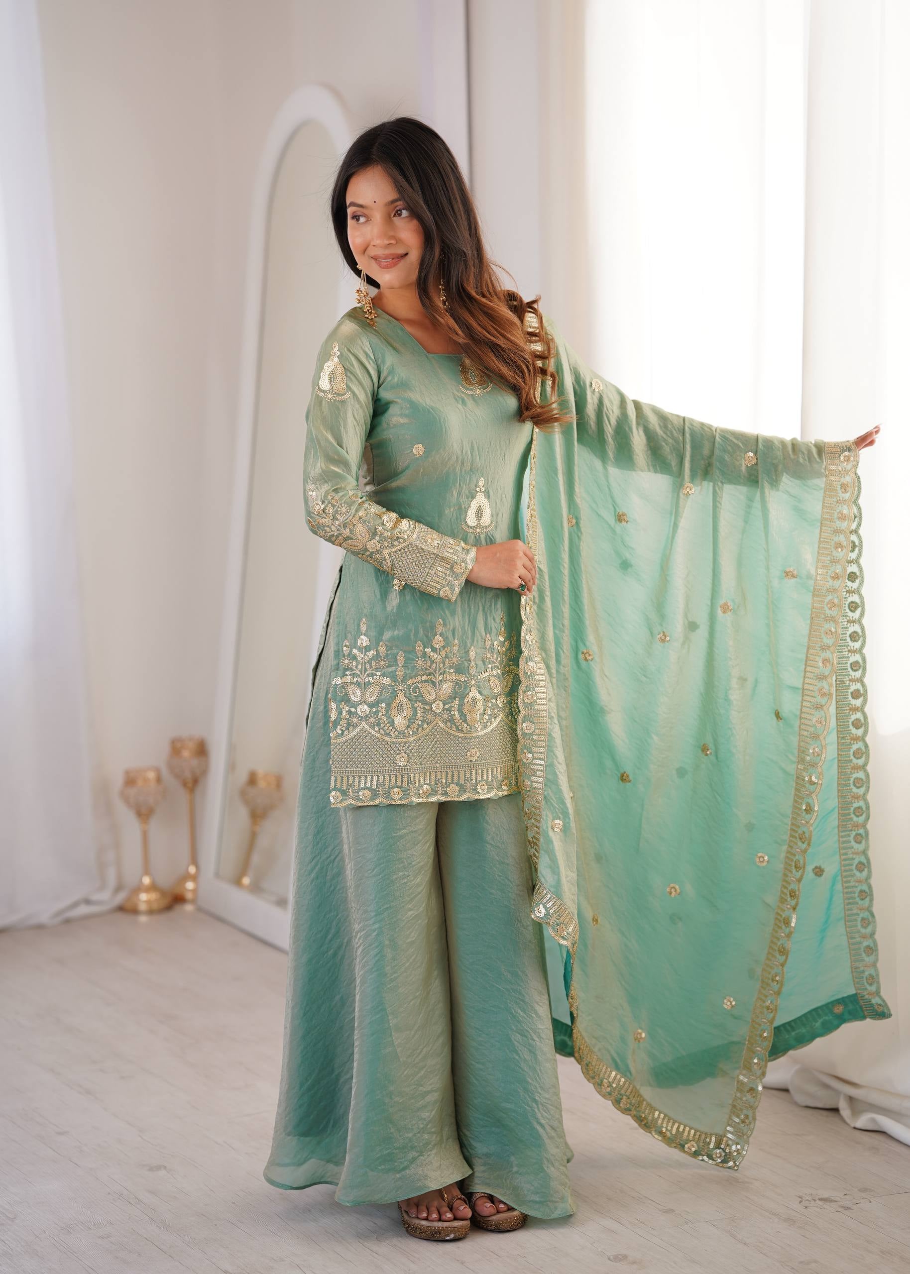 Womenline Mint Royale Embroidered Sharara Suit Set with Elegant Dupatta
