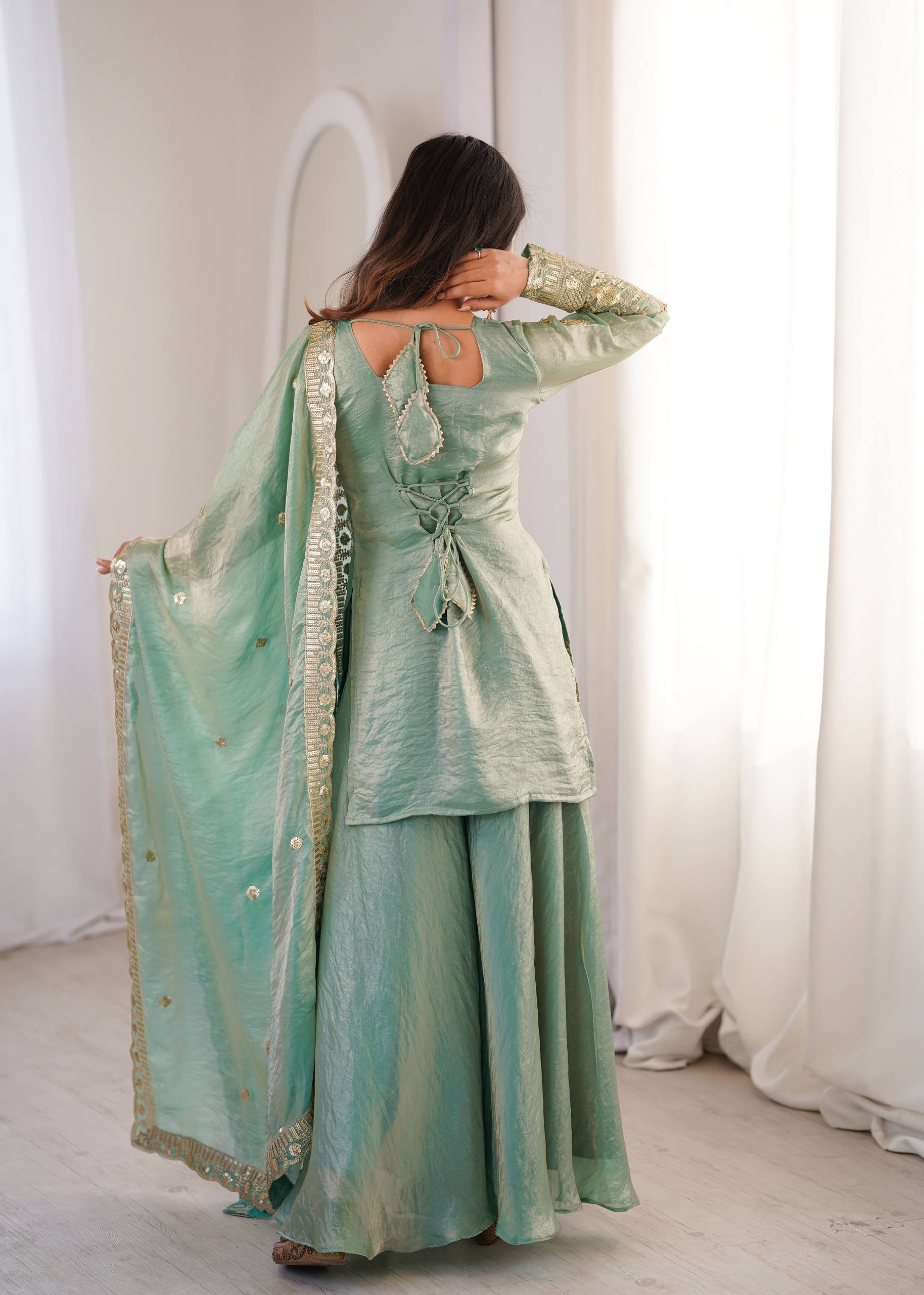 Womenline Mint Royale Embroidered Sharara Suit Set with Elegant Dupatta