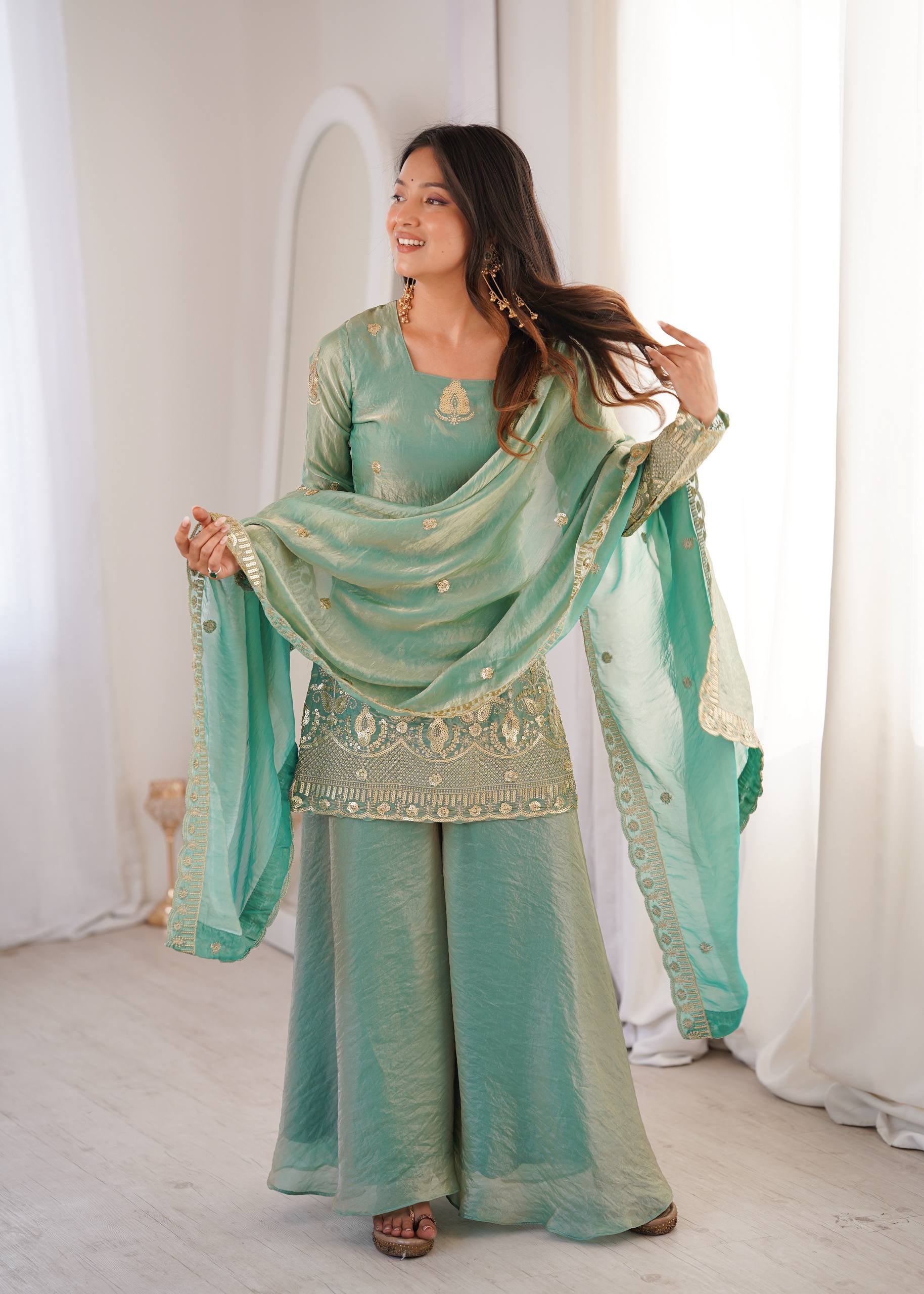 Womenline Mint Royale Embroidered Sharara Suit Set with Elegant Dupatta