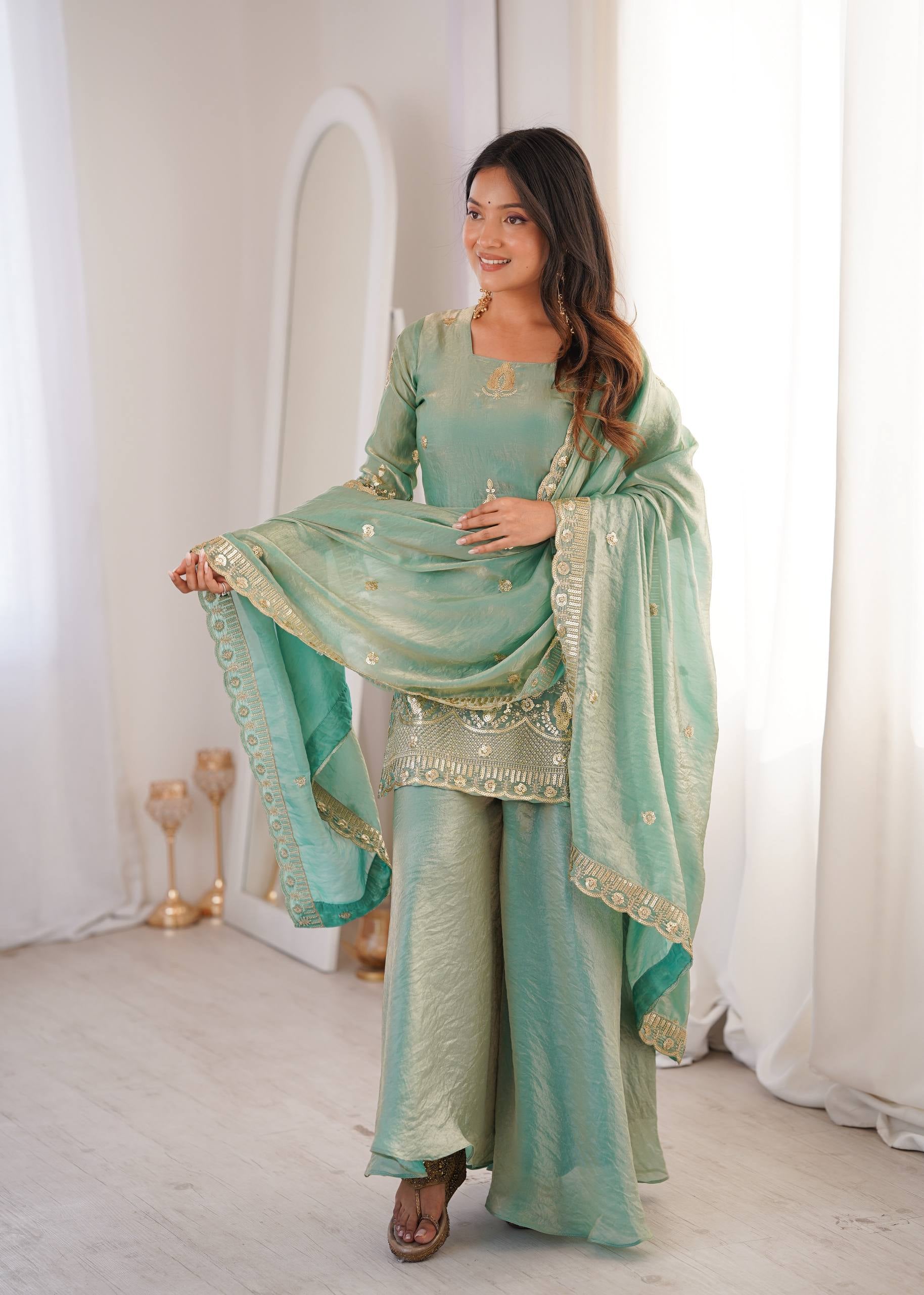 Womenline Mint Royale Embroidered Sharara Suit Set with Elegant Dupatta