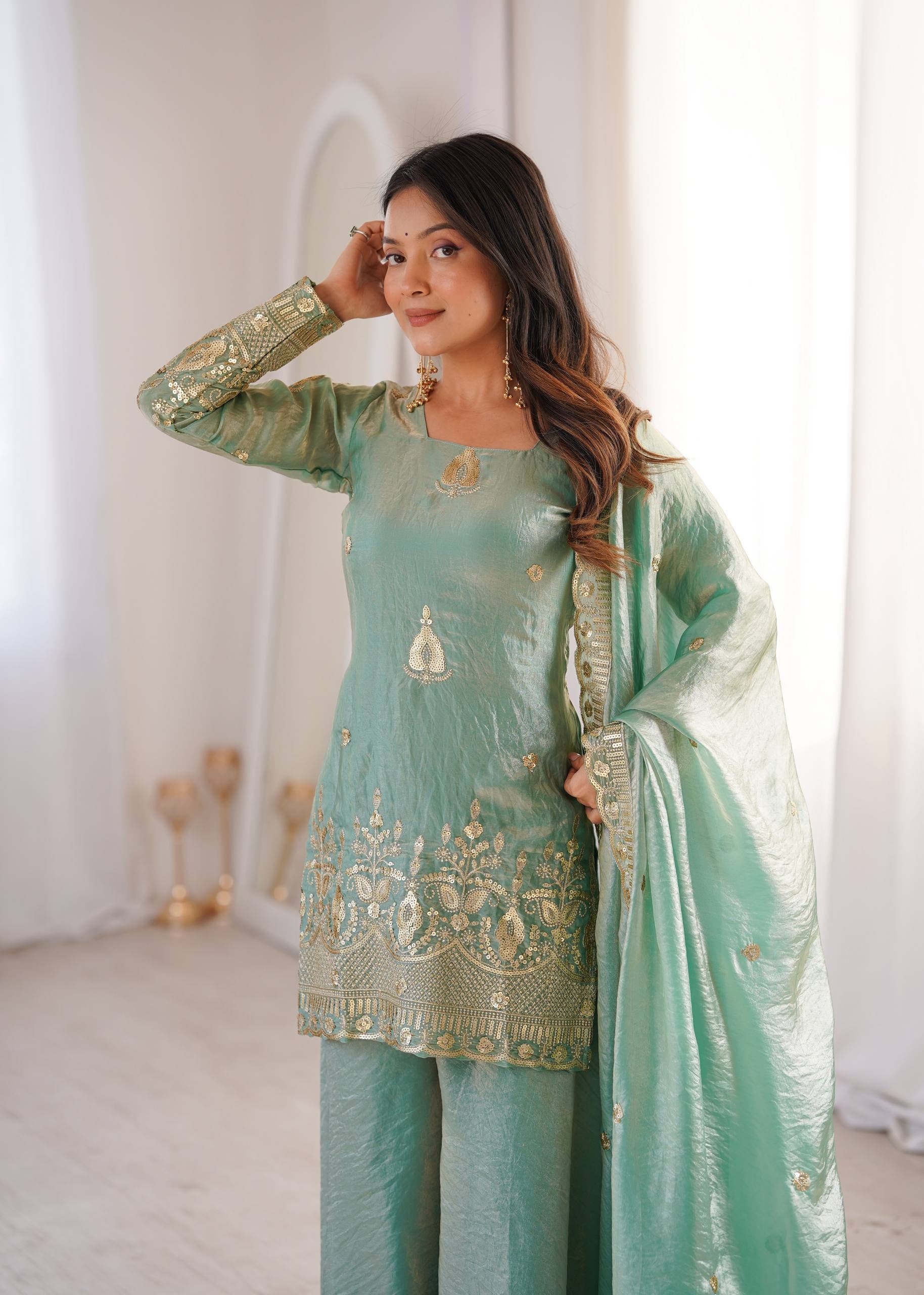 Womenline Mint Royale Embroidered Sharara Suit Set with Elegant Dupatta