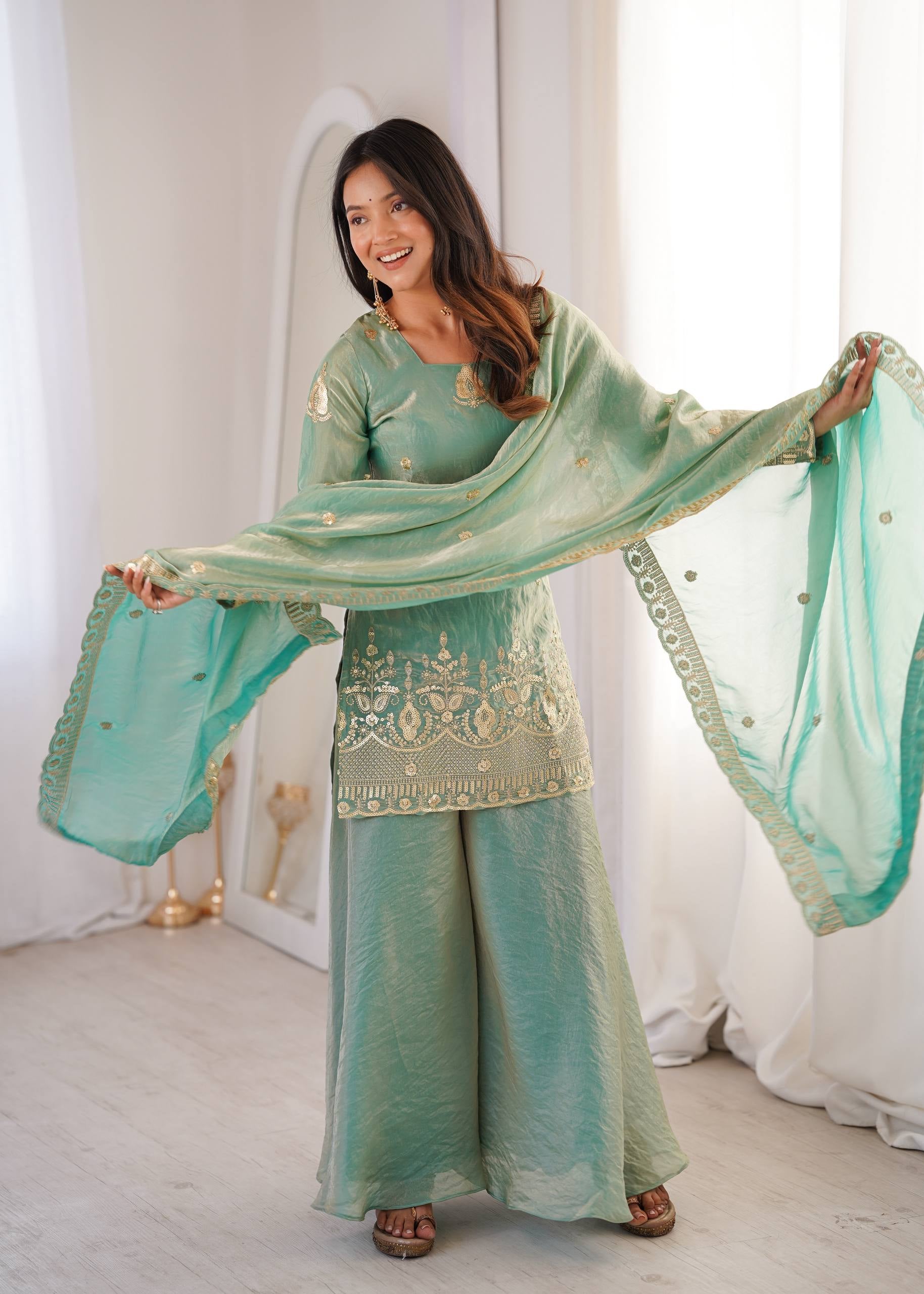 Womenline Mint Royale Embroidered Sharara Suit Set with Elegant Dupatta