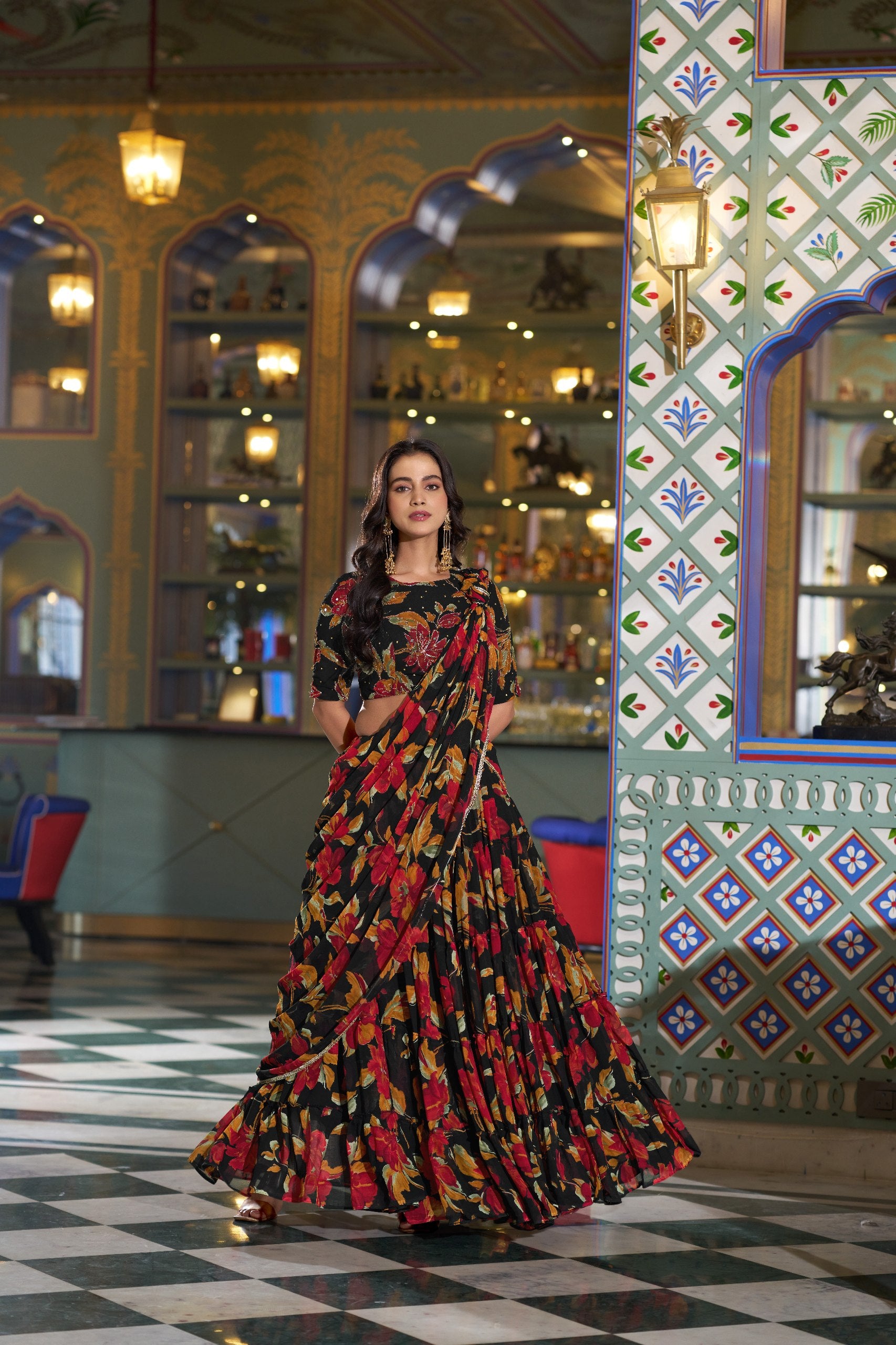Womenline Black Color Marble Floral Printed Lehenga Choli