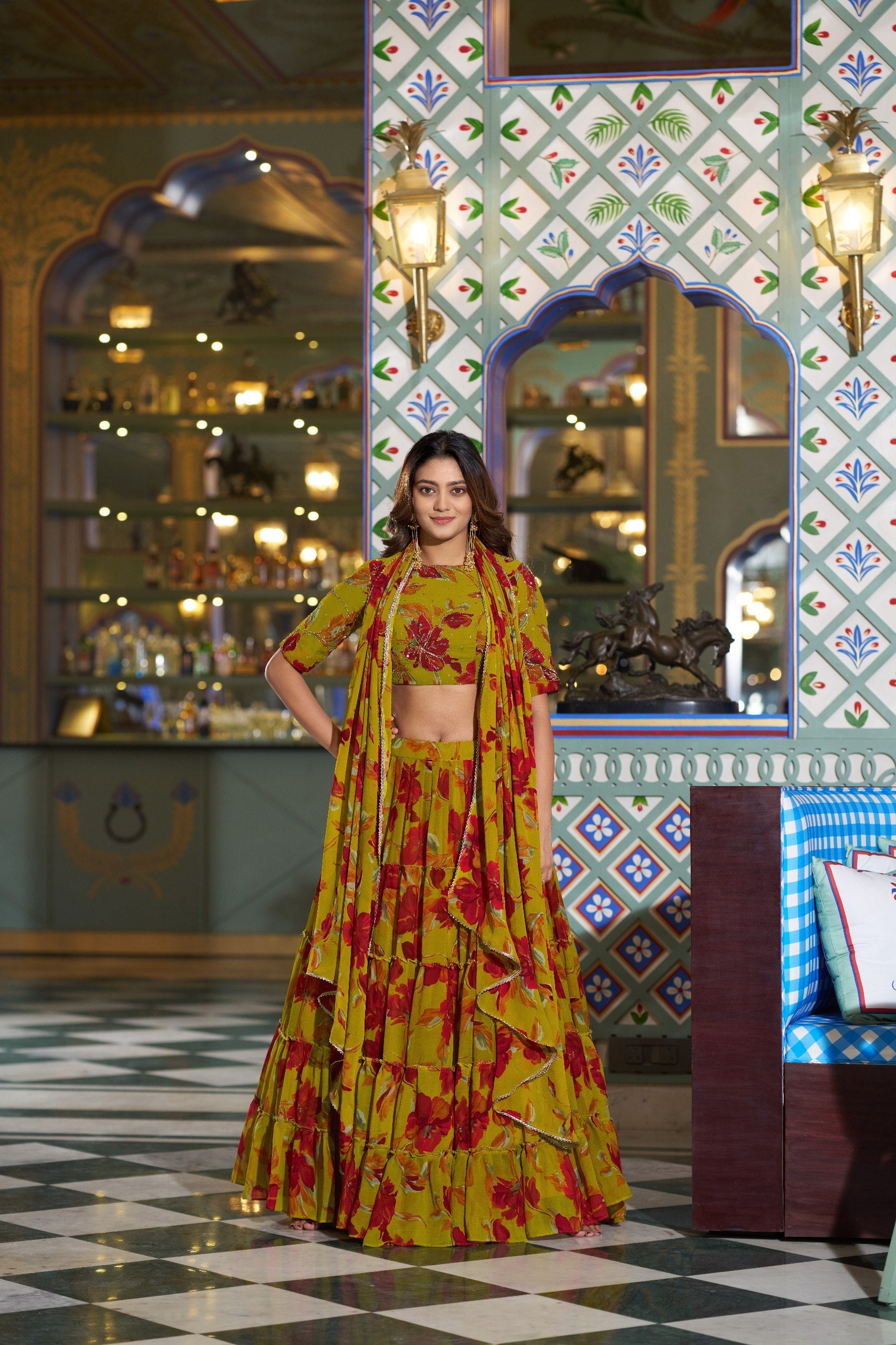 Womenline Olive Yellow Color Marble Floral Printed Lehenga Choli