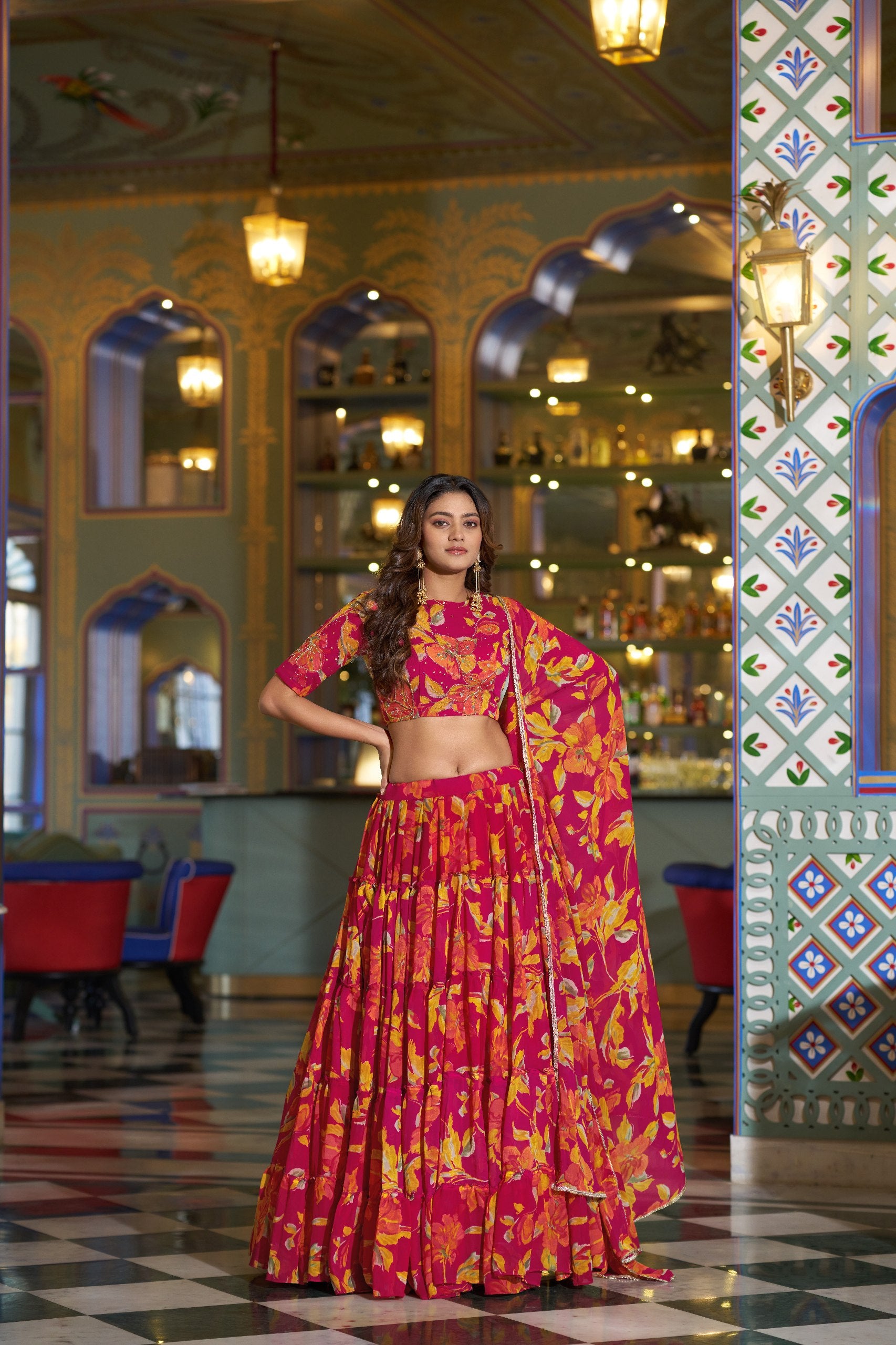 Womenline Pink Color Marble Floral Printed Lehenga Choli