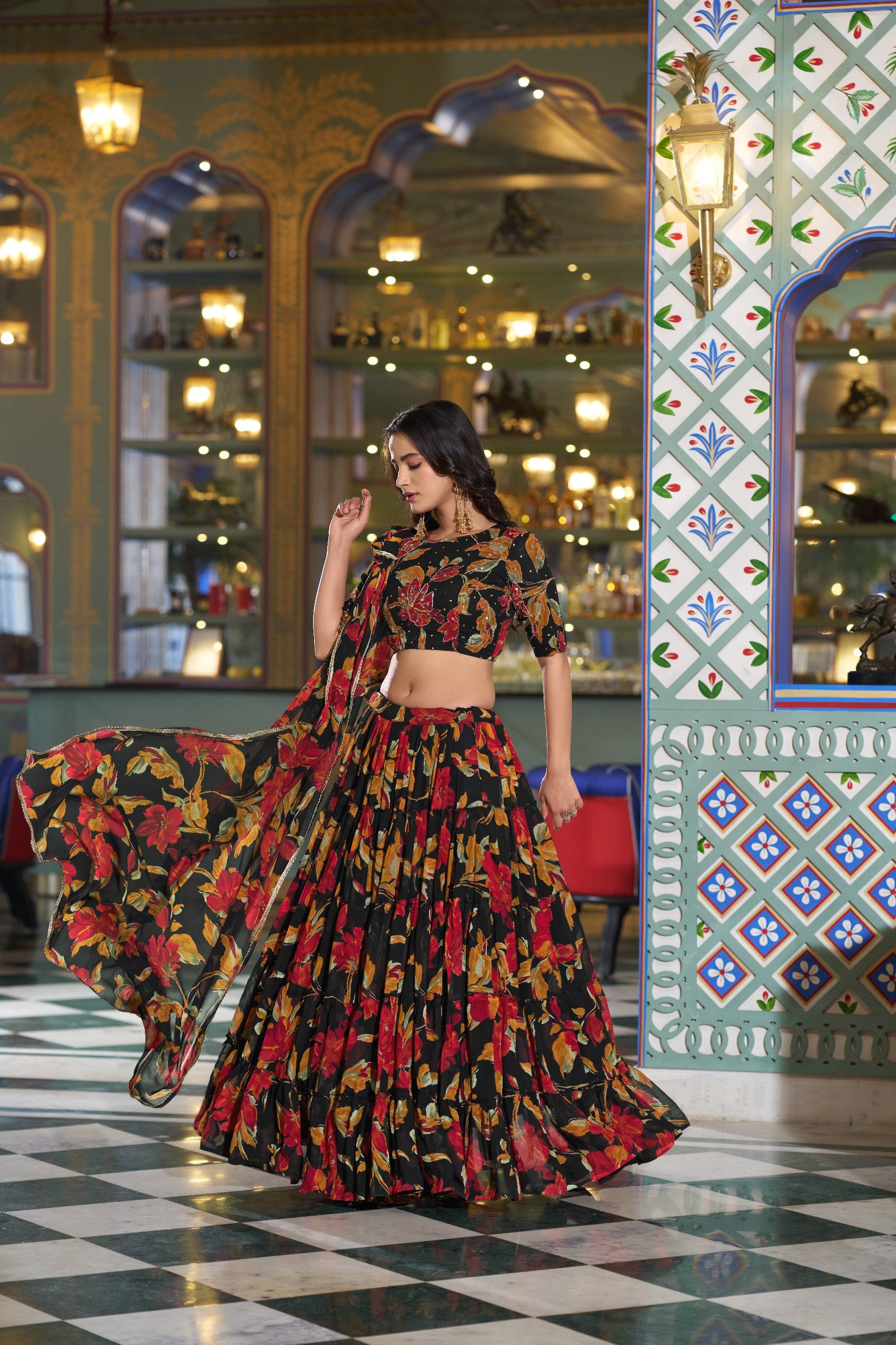 Womenline Black Color Marble Floral Printed Lehenga Choli