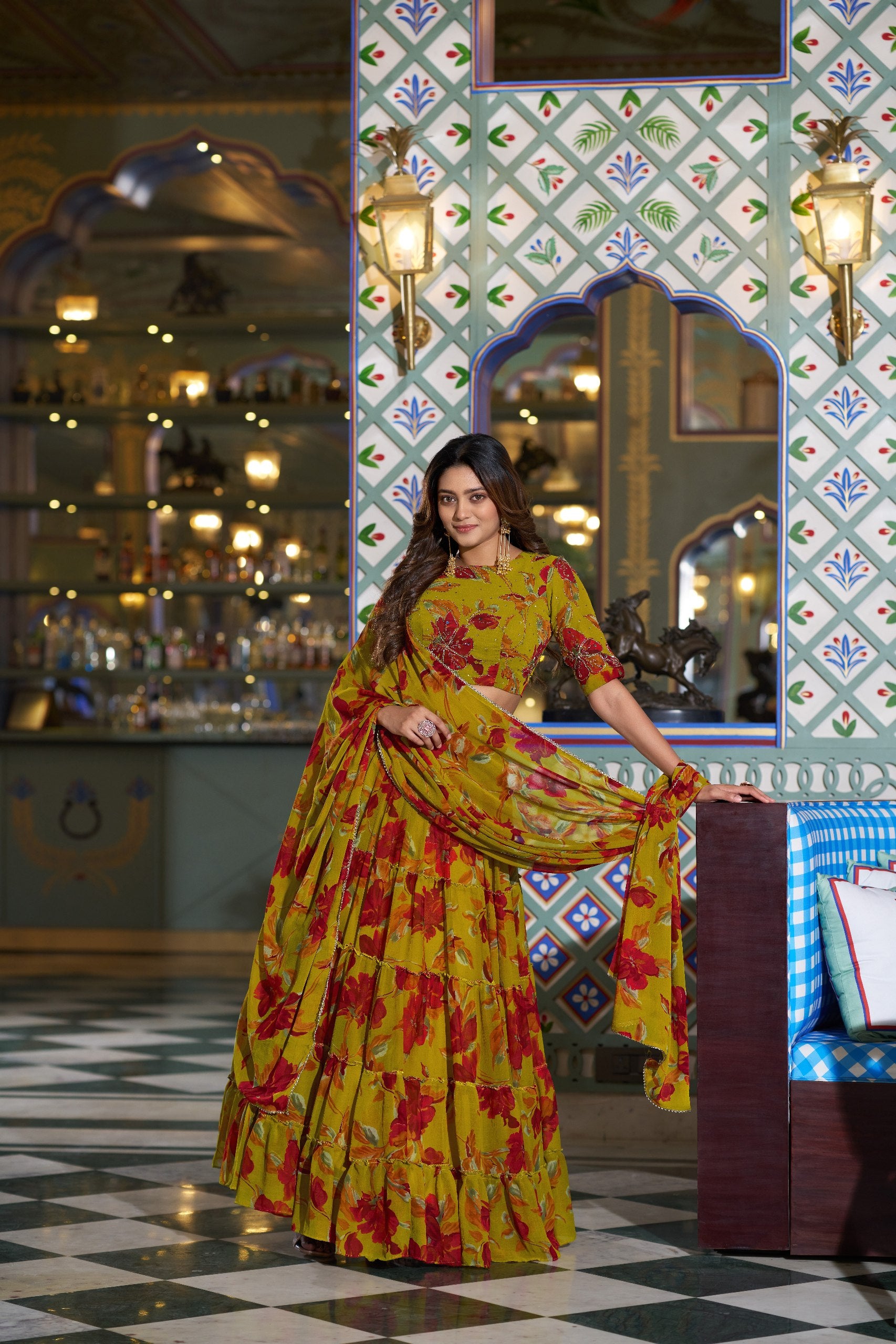 Womenline Olive Yellow Color Marble Floral Printed Lehenga Choli