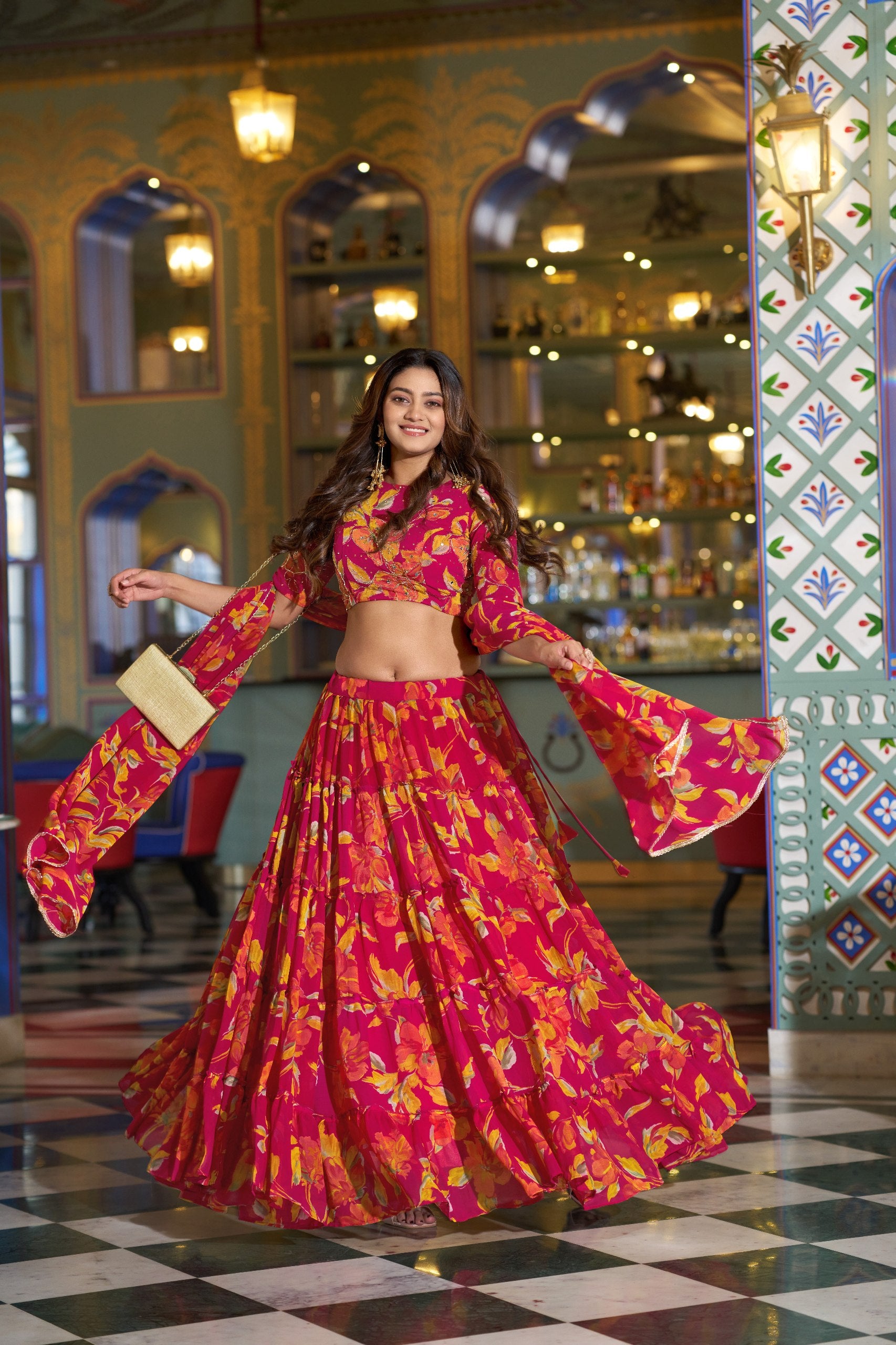 Womenline Pink Color Marble Floral Printed Lehenga Choli