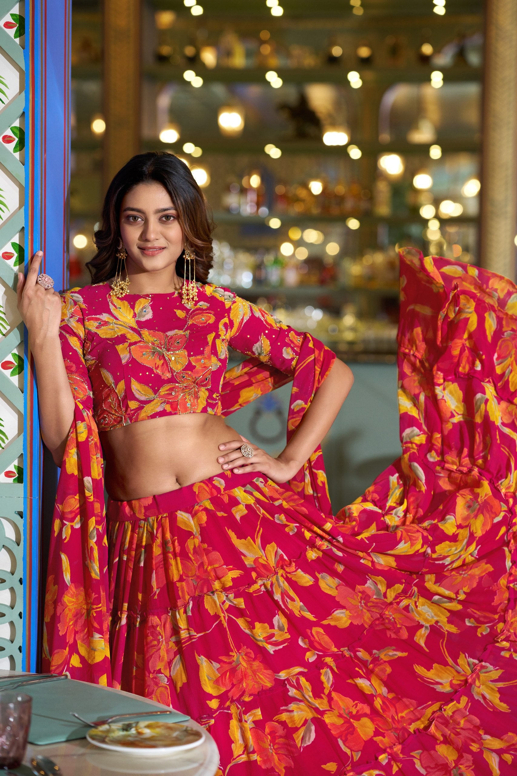 Womenline Pink Color Marble Floral Printed Lehenga Choli