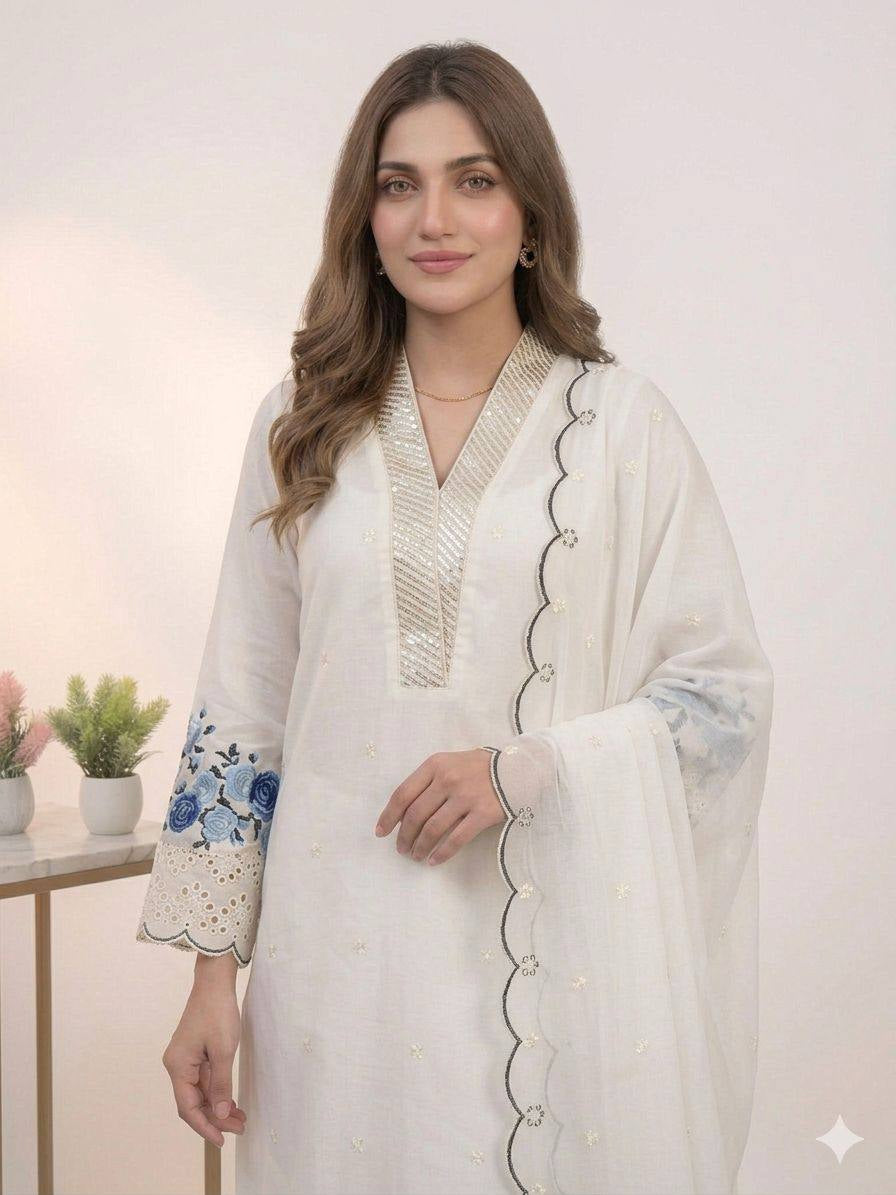 Womenline Elegant White Embroidered Kurta Palazzo Set with Dupatta