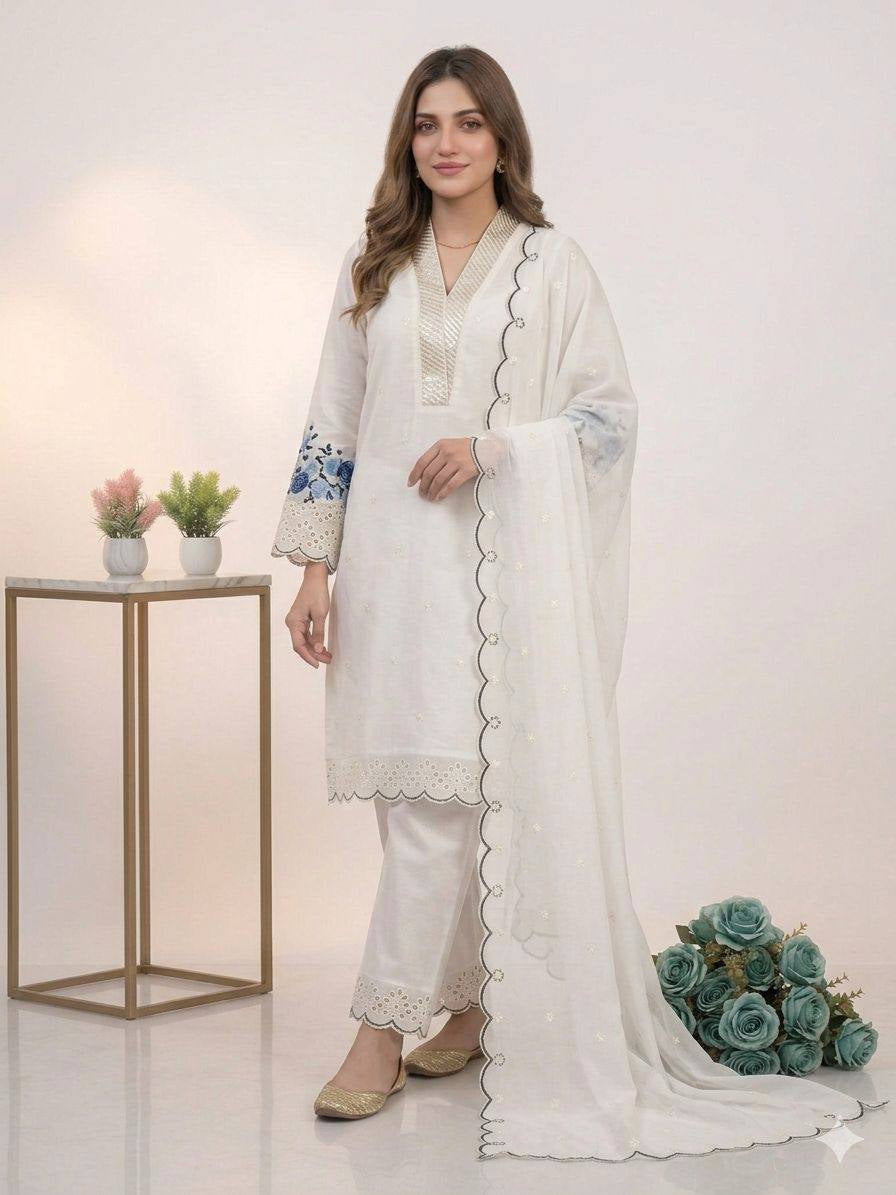 Womenline Elegant White Embroidered Kurta Palazzo Set with Dupatta