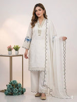 Womenline Elegant White Embroidered Kurta Palazzo Set with Dupatta