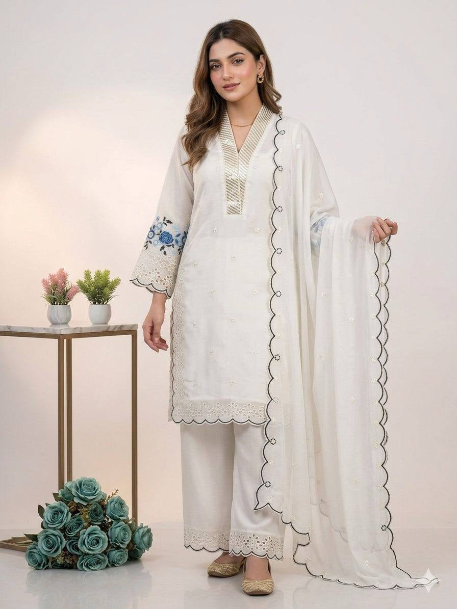 Womenline Elegant White Embroidered Kurta Palazzo Set with Dupatta