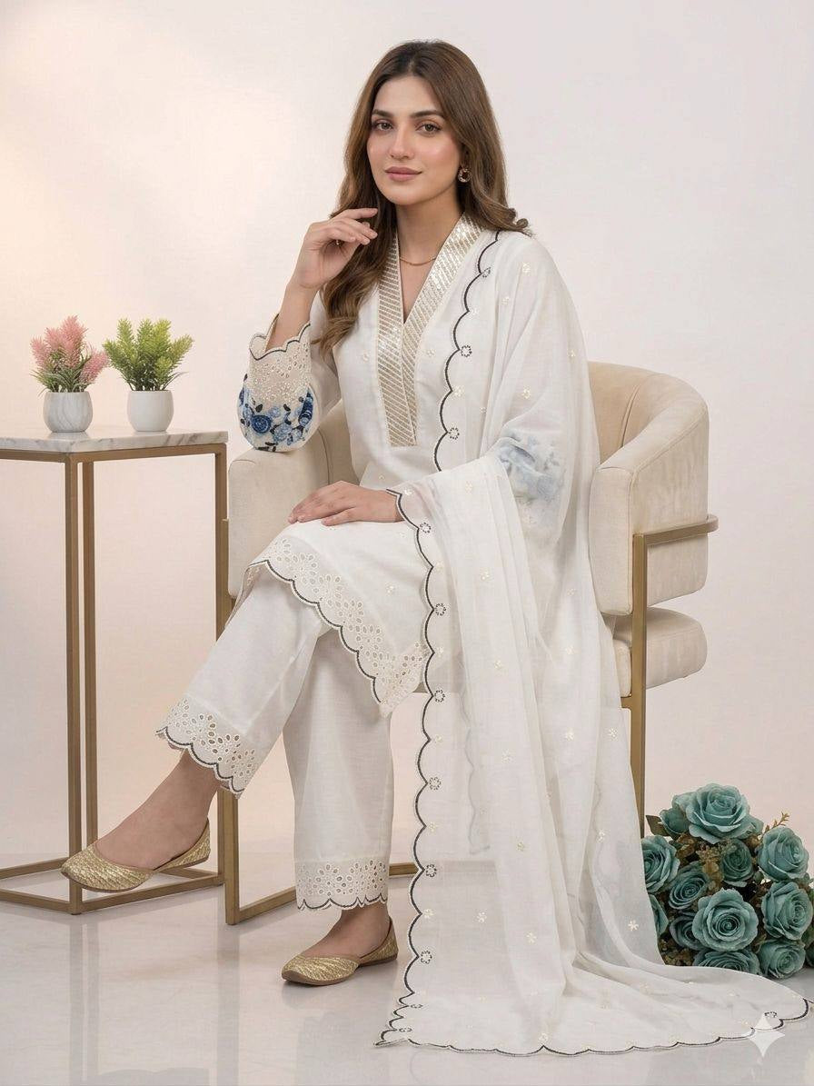 Womenline Elegant White Embroidered Kurta Palazzo Set with Dupatta
