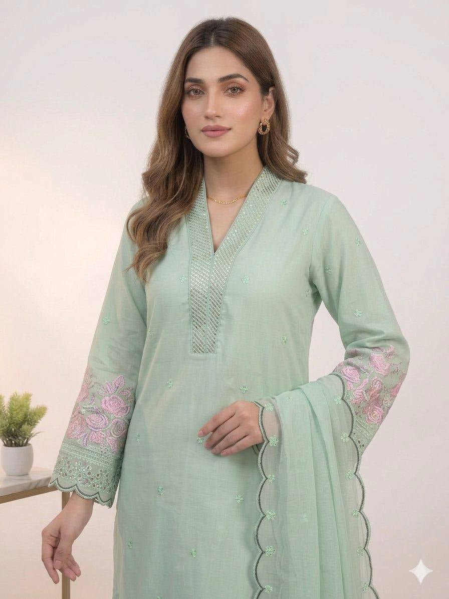 Womenline Mint Green Embroidered Kurta Palazzo Set with Dupatta