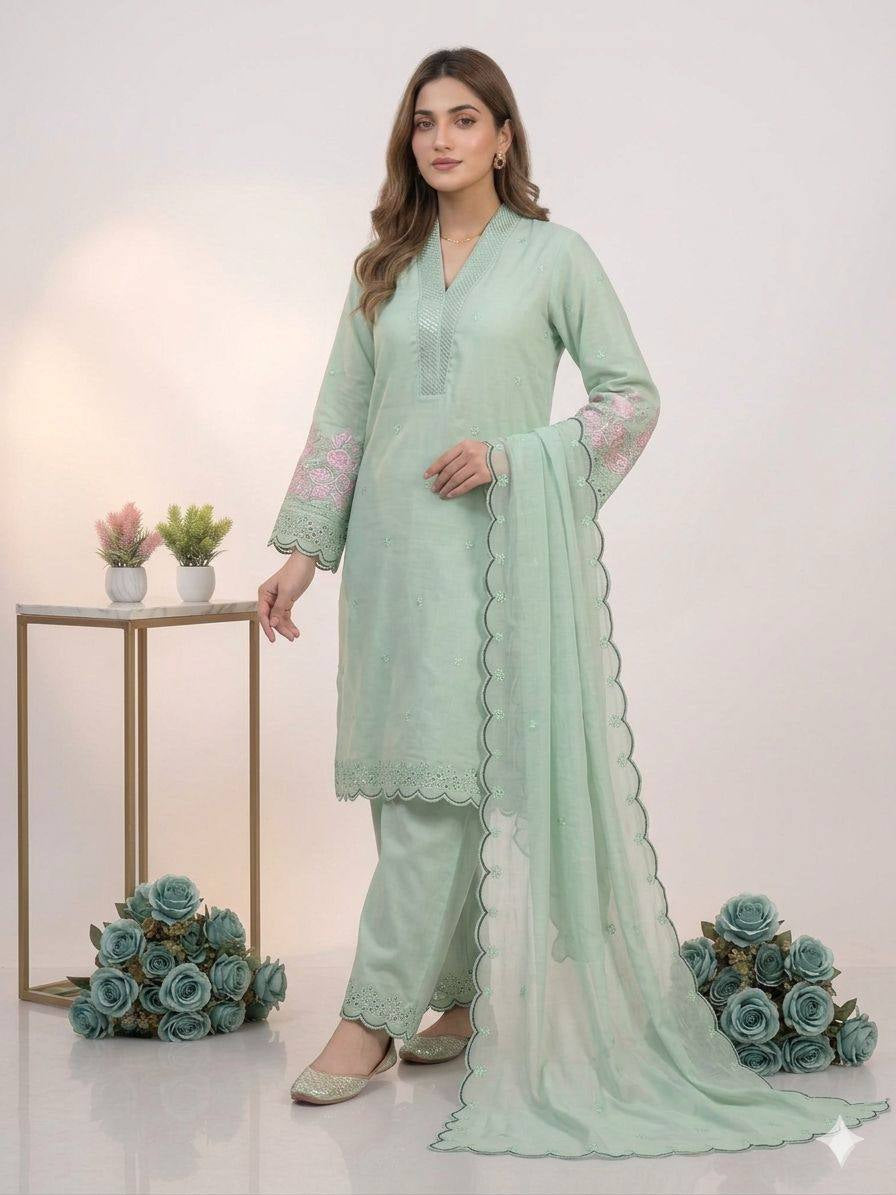 Womenline Mint Green Embroidered Kurta Palazzo Set with Dupatta