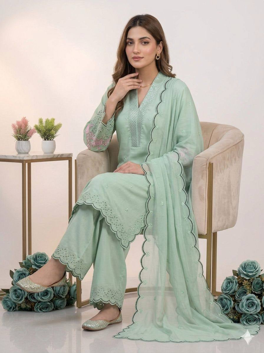 Womenline Mint Green Embroidered Kurta Palazzo Set with Dupatta