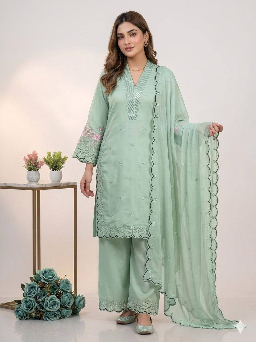 Womenline Mint Green Embroidered Kurta Palazzo Set with Dupatta