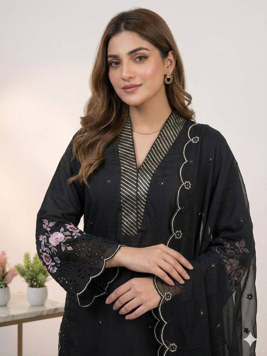 Womenline Classic Black Embroidered Kurta Palazzo Set with Dupatta