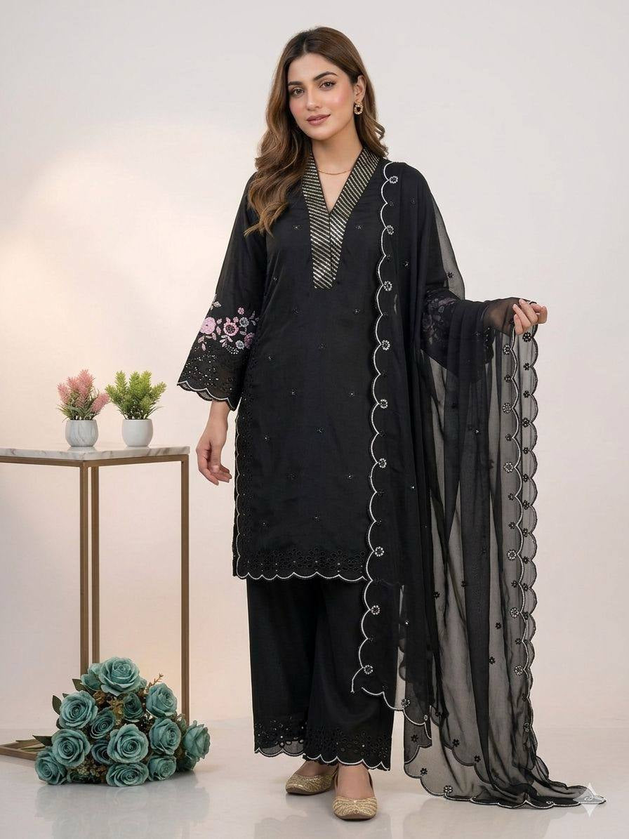 Womenline Classic Black Embroidered Kurta Palazzo Set with Dupatta