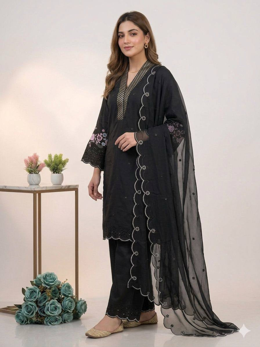 Womenline Classic Black Embroidered Kurta Palazzo Set with Dupatta