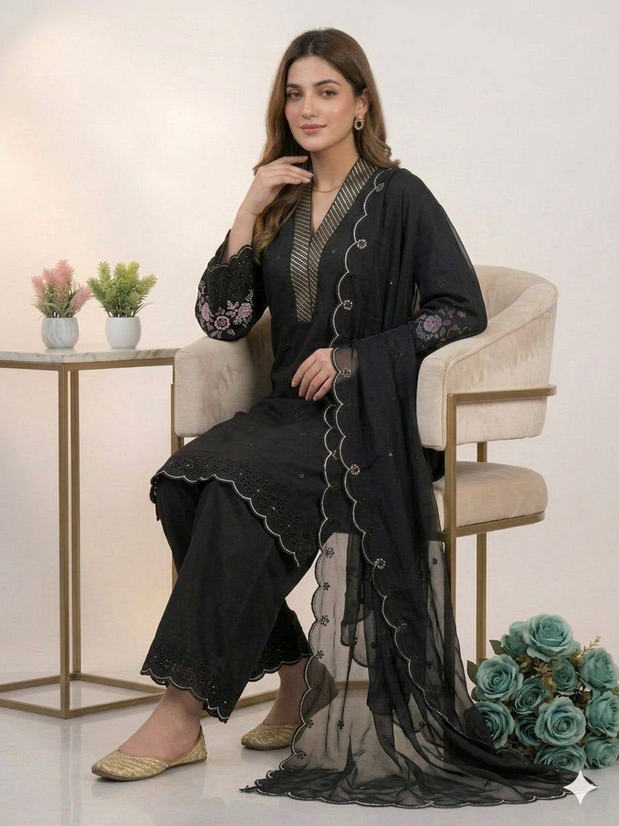 Womenline Classic Black Embroidered Kurta Palazzo Set with Dupatta