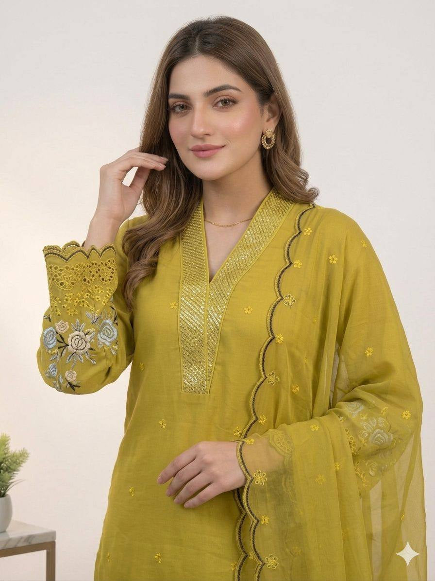 Womenline Mustard Yellow Embroidered Kurta Palazzo Set with Dupatta