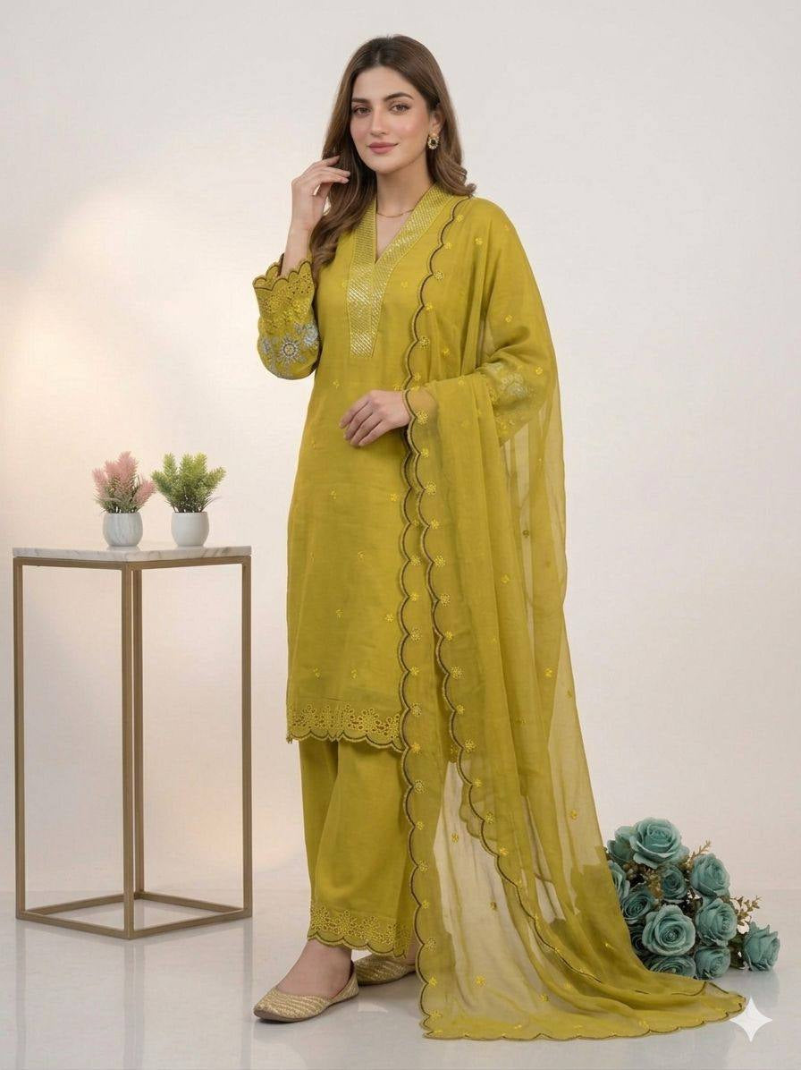 Womenline Mustard Yellow Embroidered Kurta Palazzo Set with Dupatta