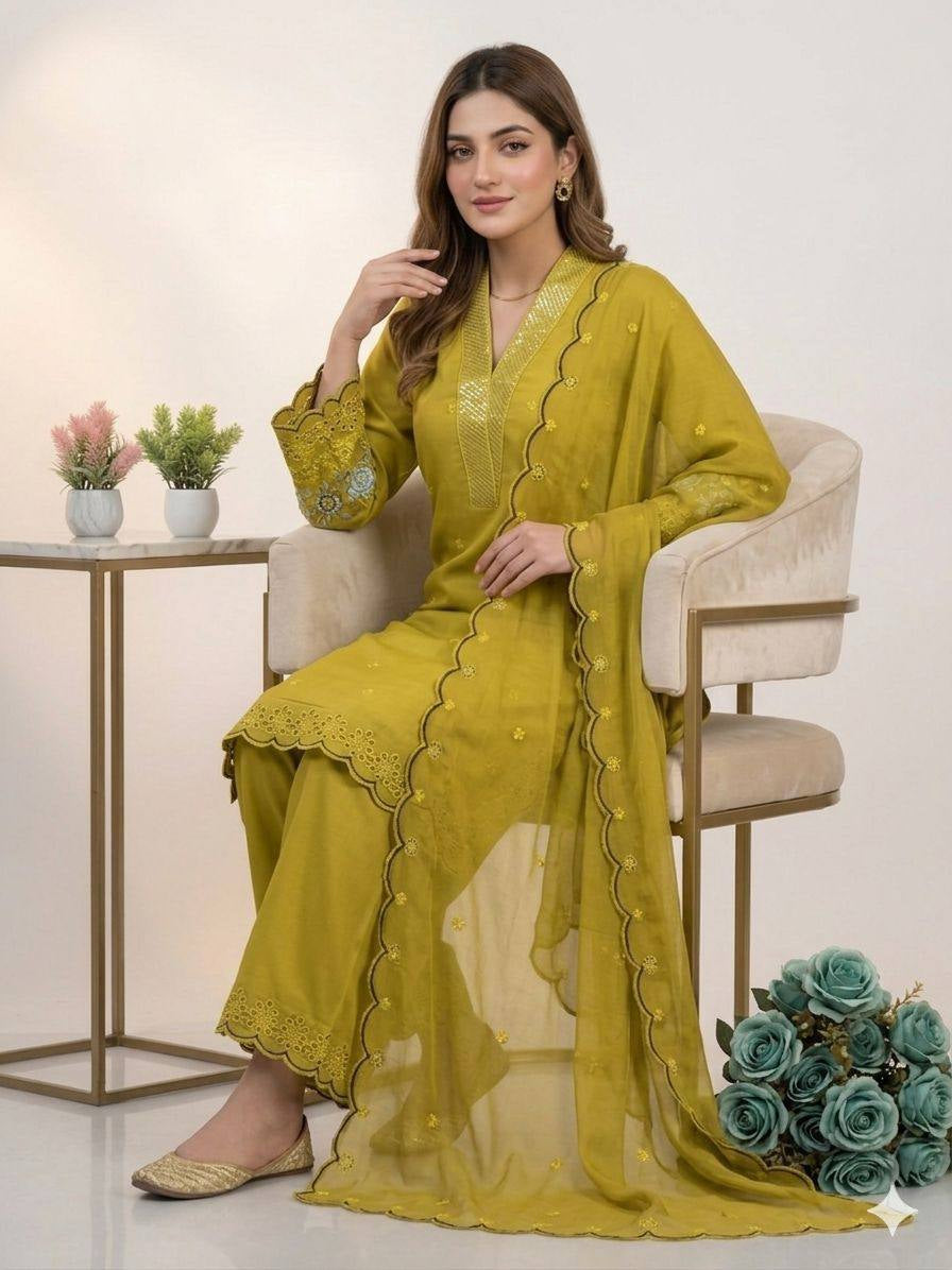 Womenline Mustard Yellow Embroidered Kurta Palazzo Set with Dupatta