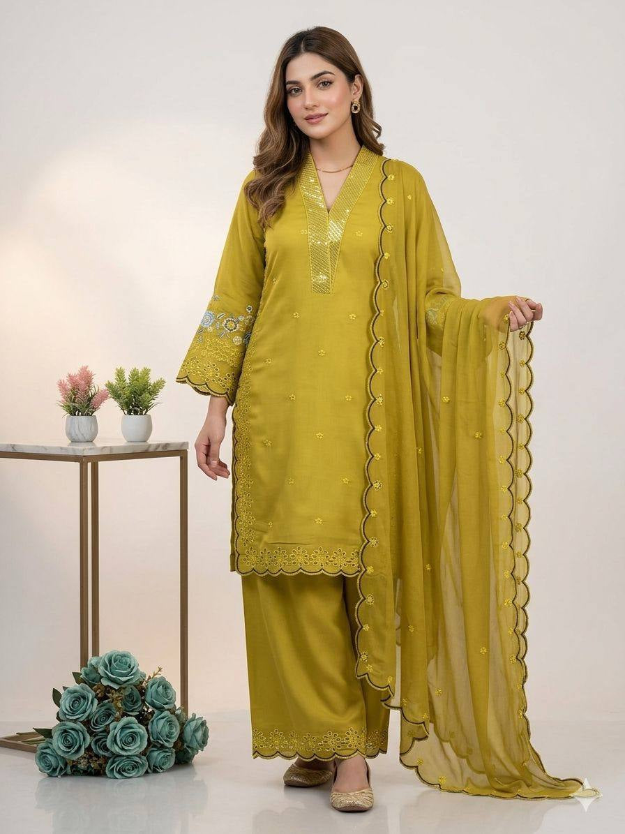 Womenline Mustard Yellow Embroidered Kurta Palazzo Set with Dupatta