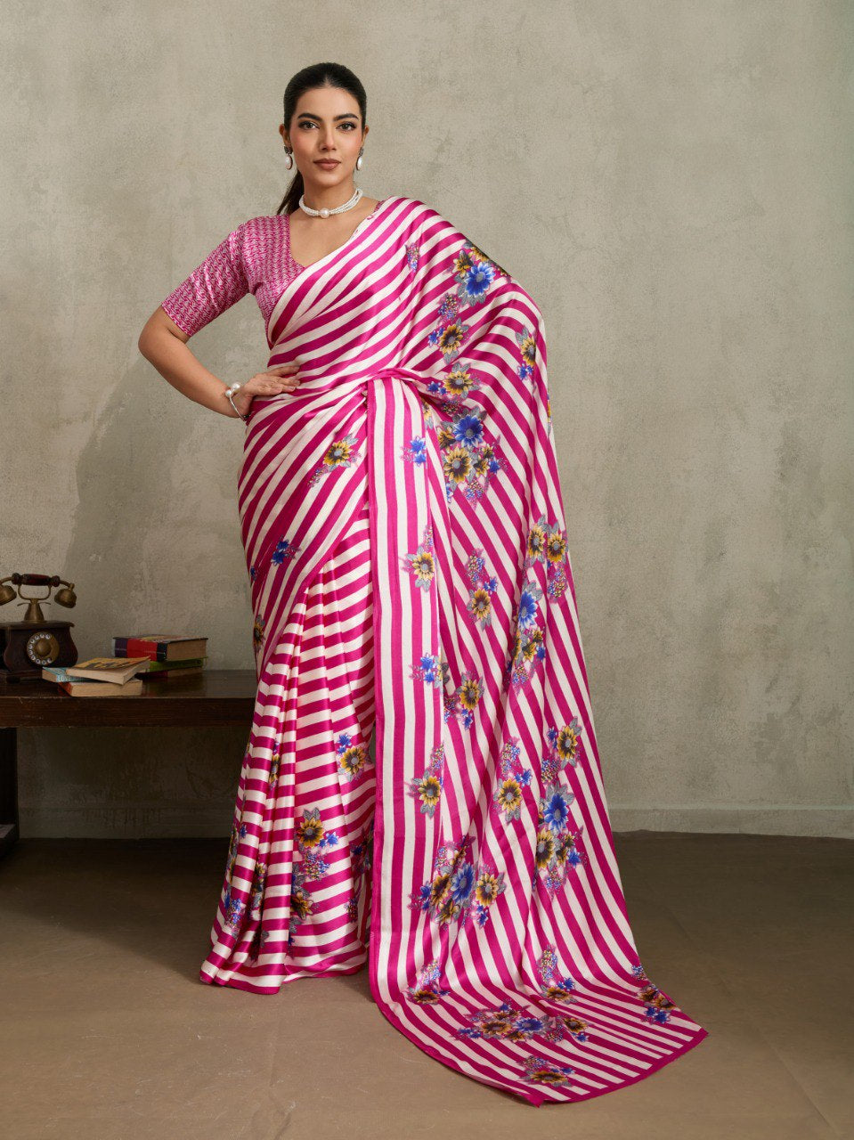 Womenline Pink Floral Stripe Designer Saree with Elegant Blossom Print