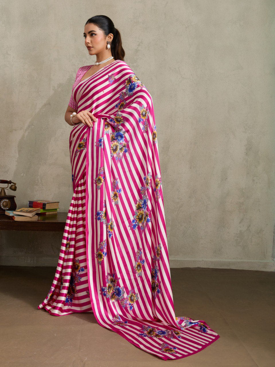 Womenline Pink Floral Stripe Designer Saree with Elegant Blossom Print