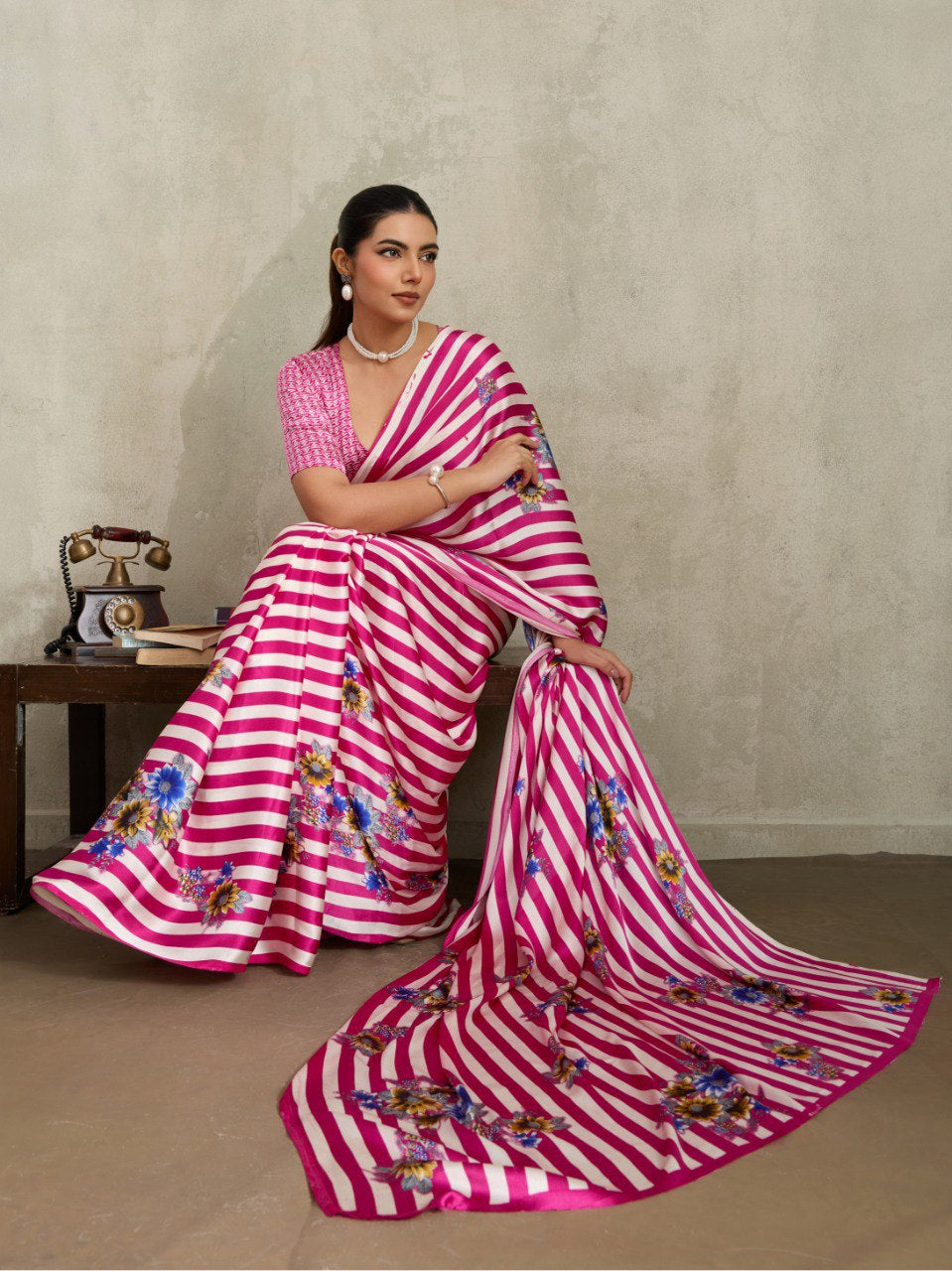 Womenline Pink Floral Stripe Designer Saree with Elegant Blossom Print