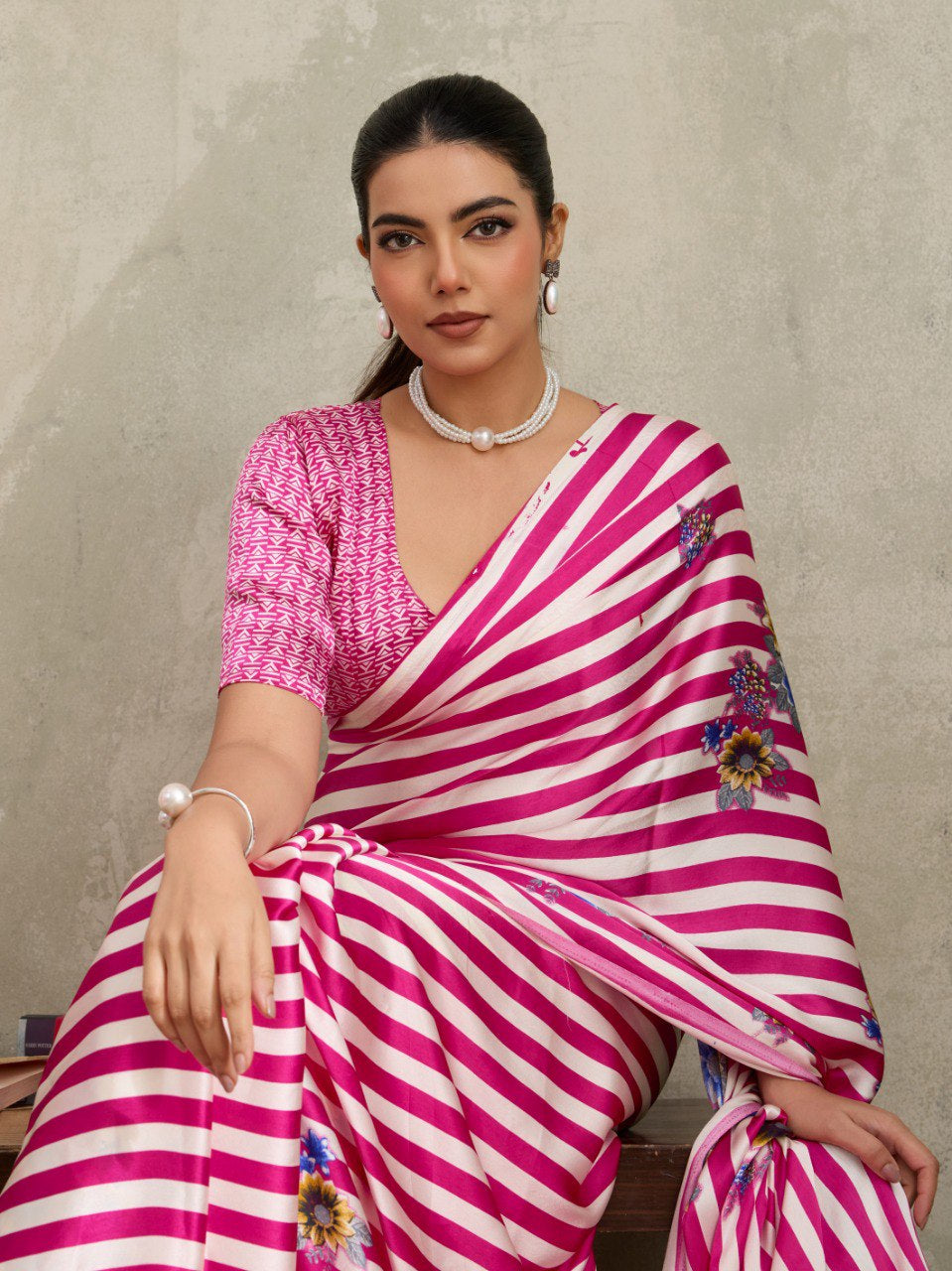 Womenline Pink Floral Stripe Designer Saree with Elegant Blossom Print