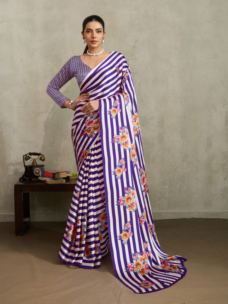 Womenline Purple Floral Stripe Designer Saree with Elegant Blossom Print