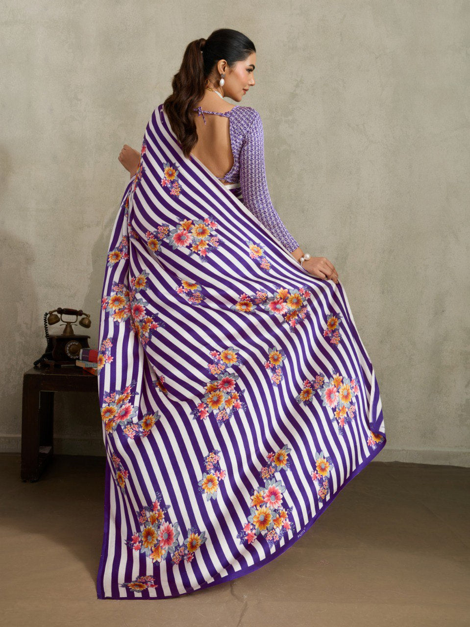 Womenline Purple Floral Stripe Designer Saree with Elegant Blossom Print