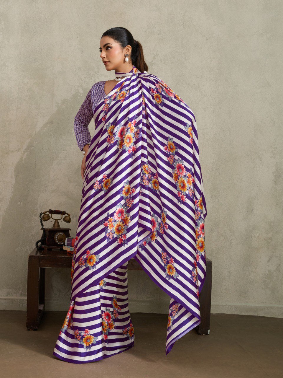 Womenline Purple Floral Stripe Designer Saree with Elegant Blossom Print