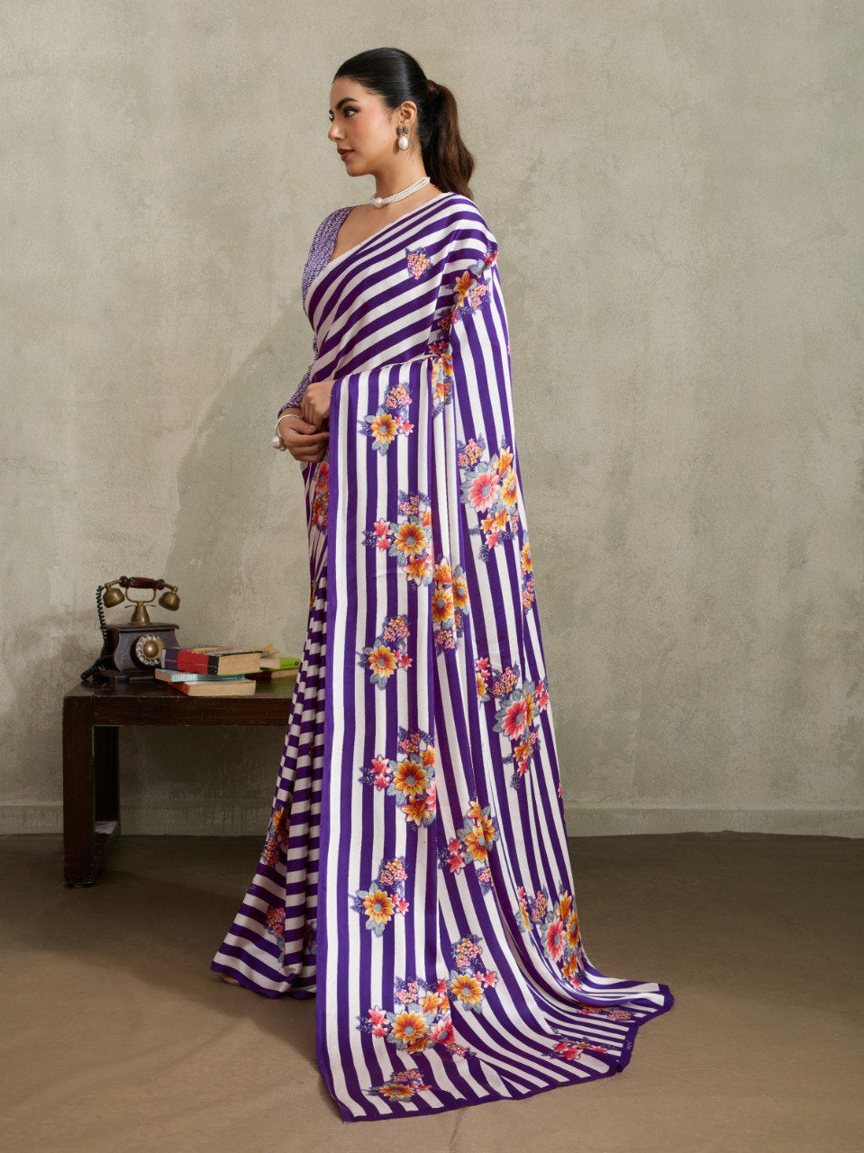 Womenline Purple Floral Stripe Designer Saree with Elegant Blossom Print
