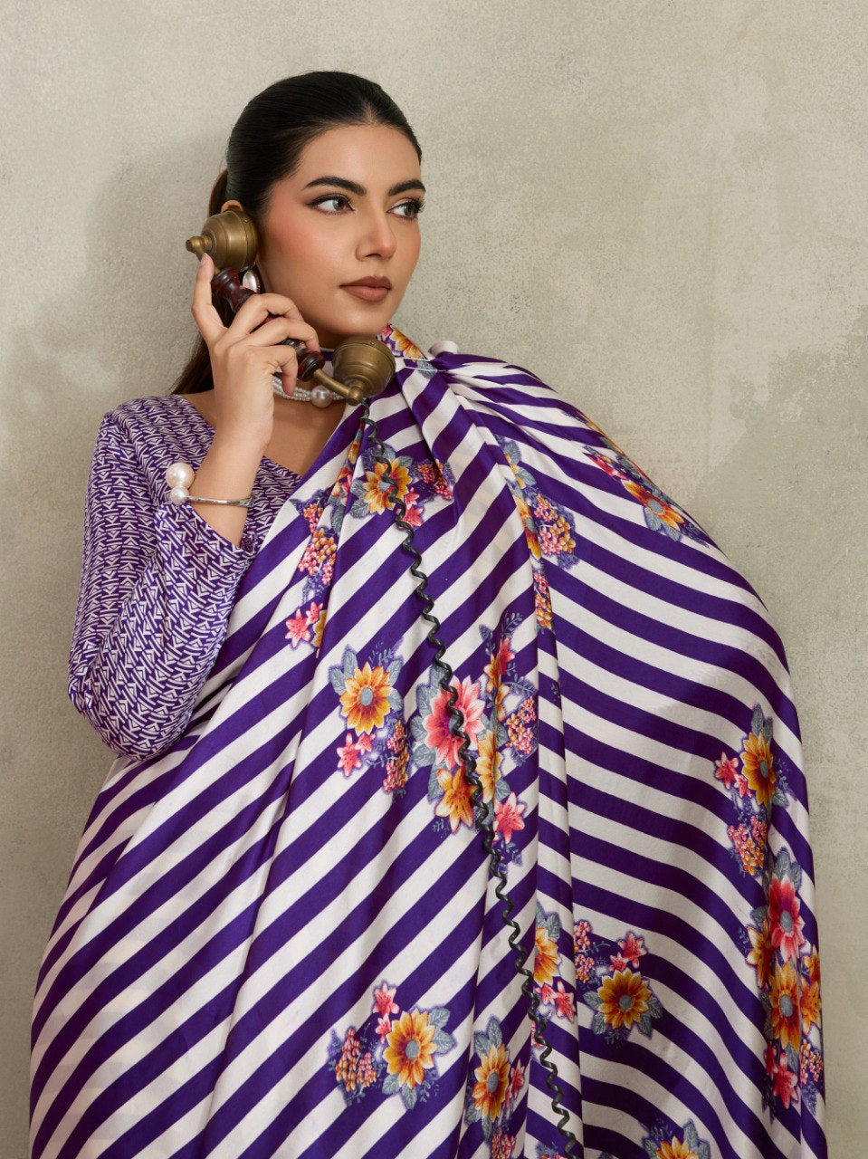 Womenline Purple Floral Stripe Designer Saree with Elegant Blossom Print